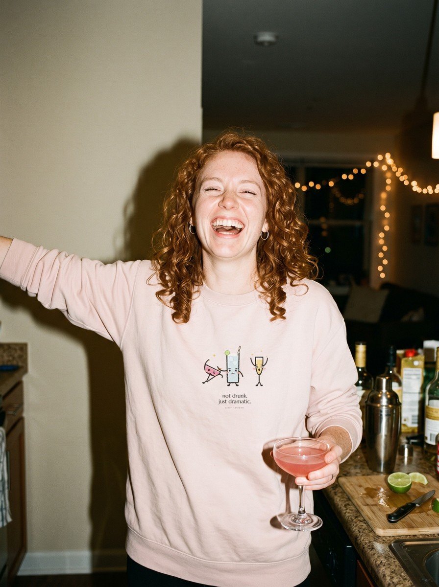 Woman laughing at a girls night in a Light Pink The Fainting Cosmo crewneck