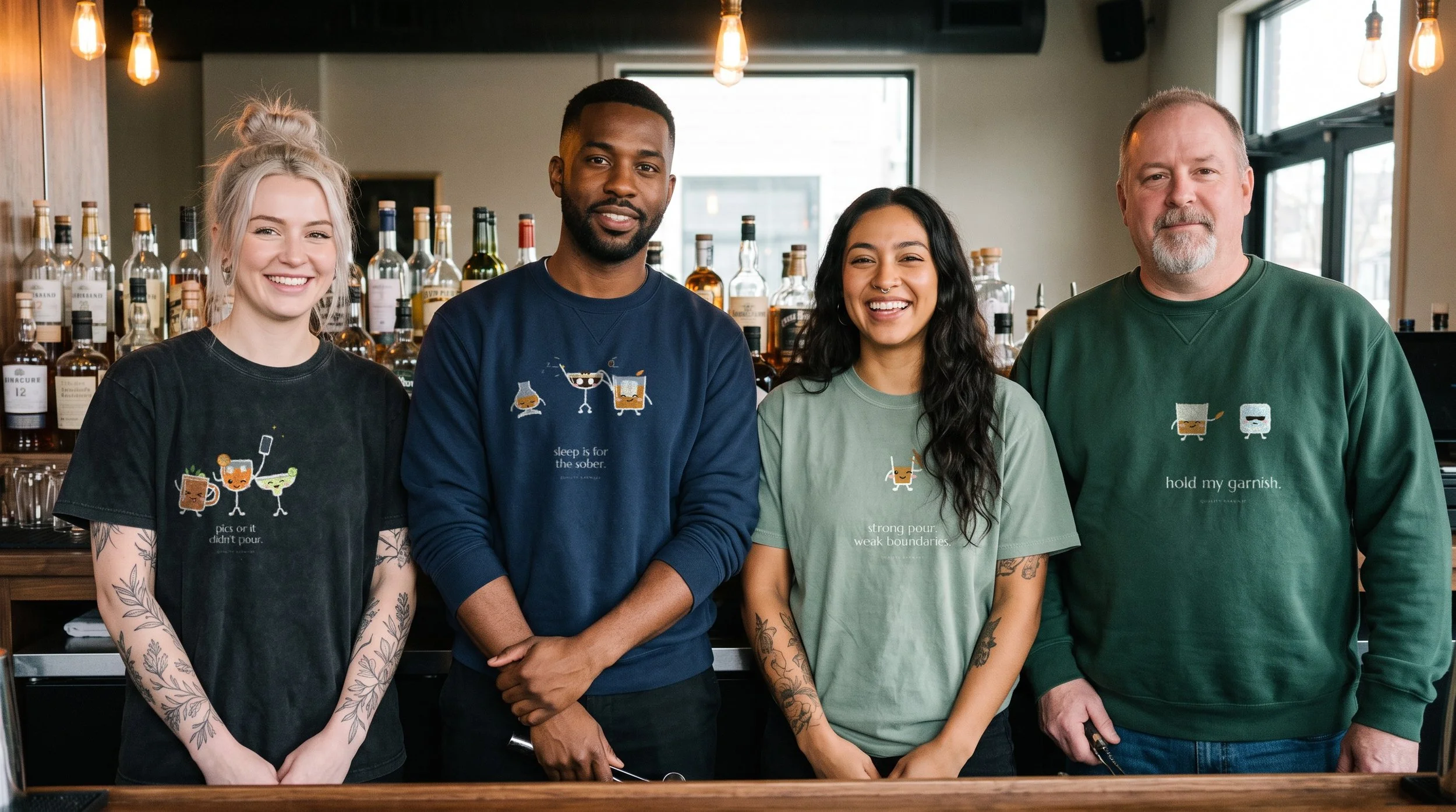 Four bartenders behind a bar wearing Lil Pours shirts and crewnecks