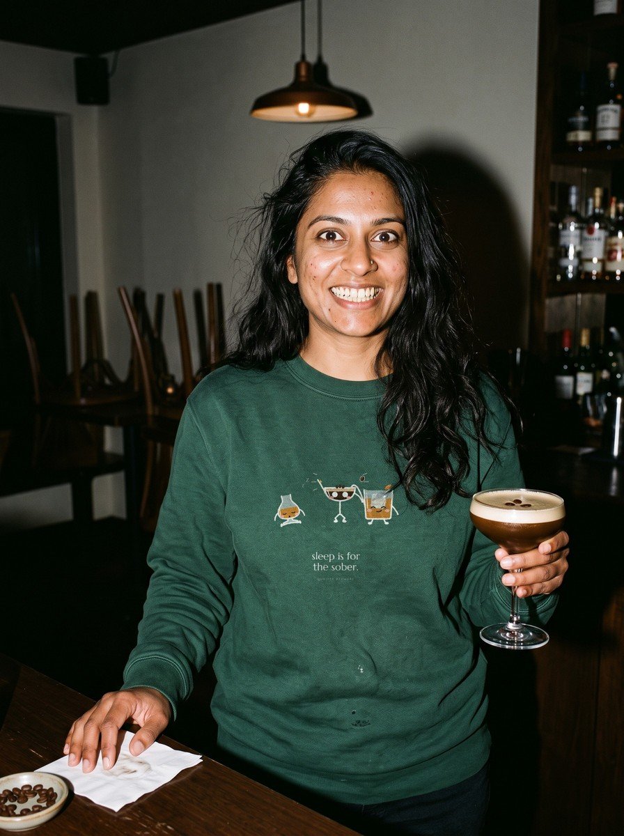 Woman at a bar late at night in a Forest Green After Hours crewneck