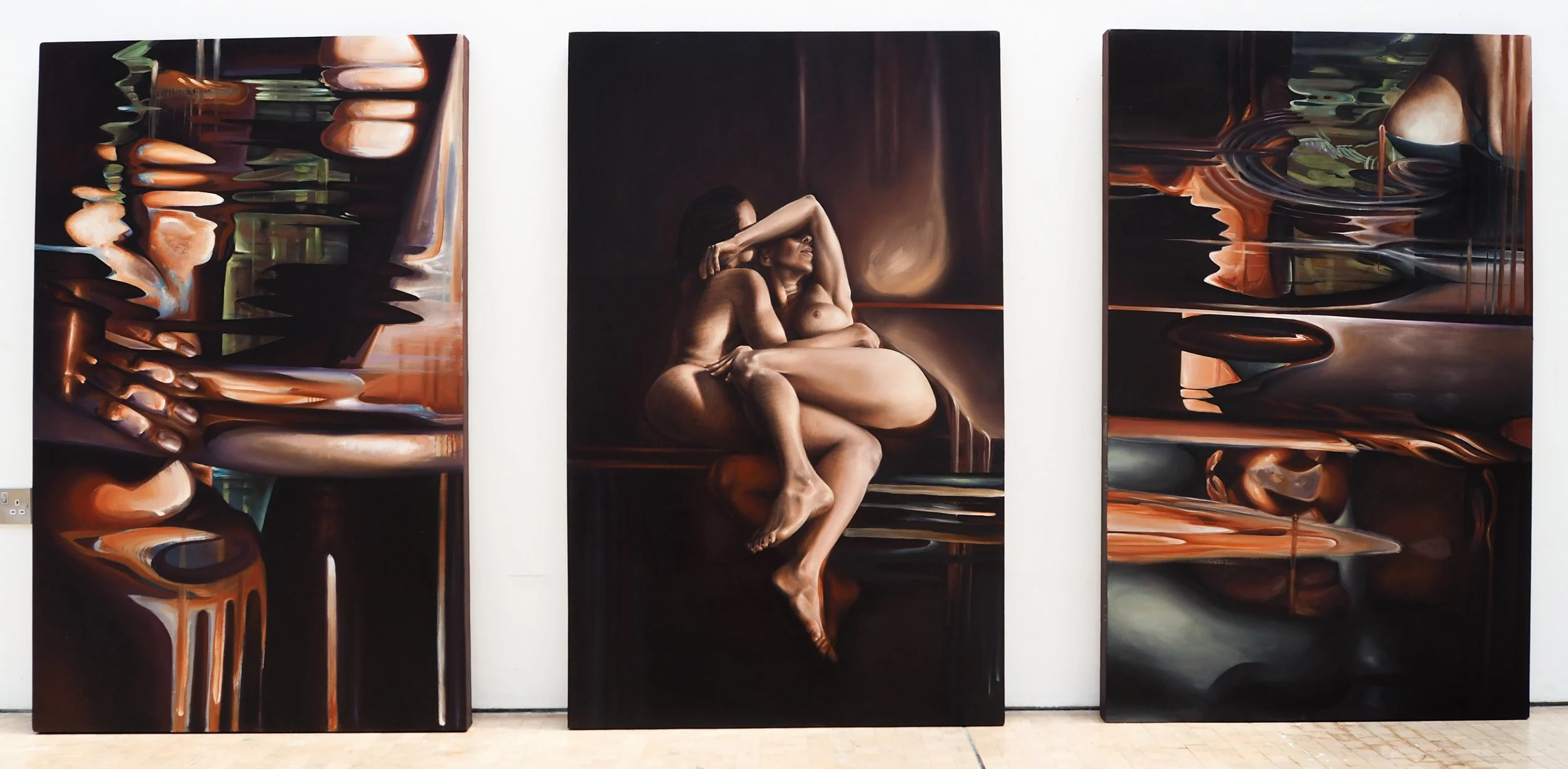 Annabel Cator how time moves us, how we move time, 2026  
105cm x 160cm each 
triptych | oil on canvas 
£8250

