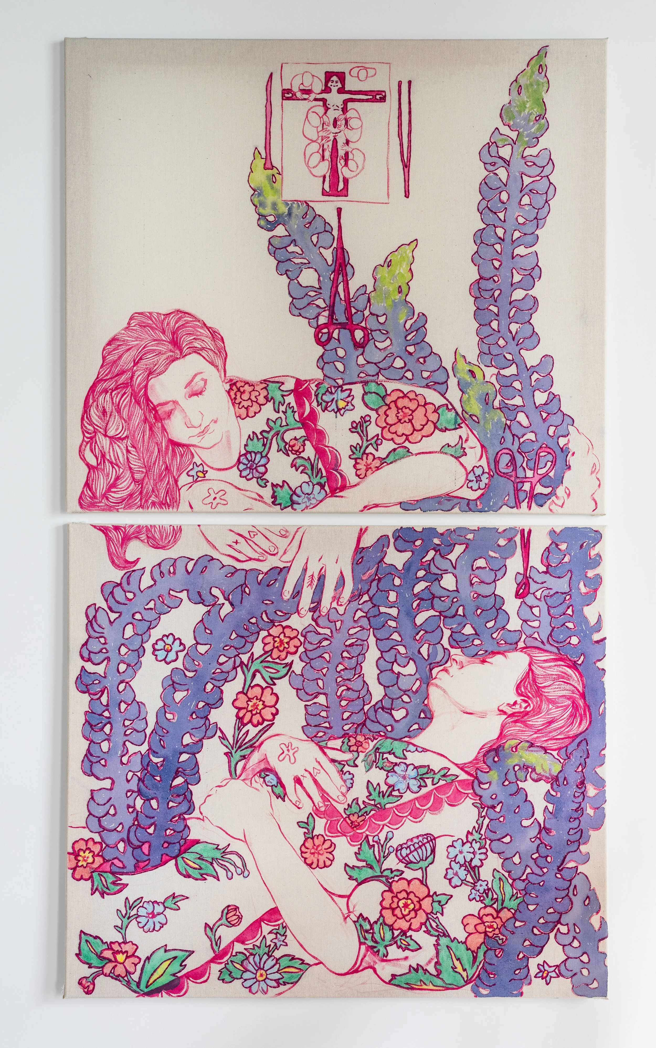 Anna Samoylova  
Diptych, 2025   
Calico, acrylics, cotton thread   
76cm x 133cm  