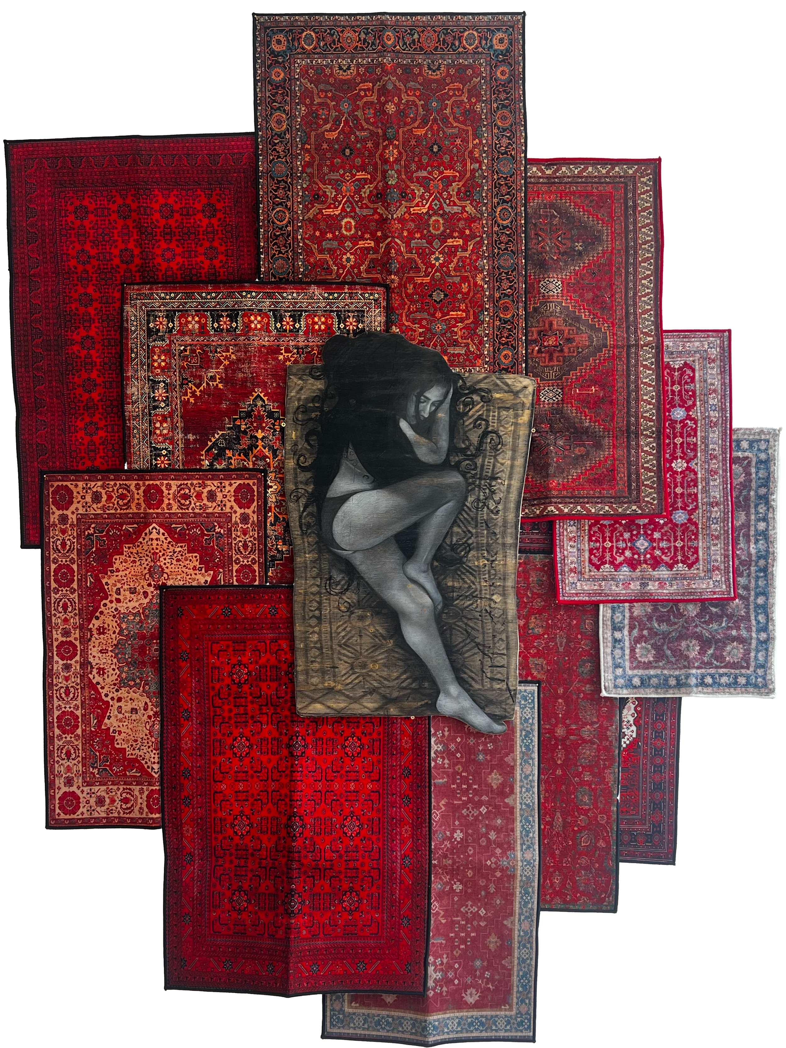 Tania Pourashraf 
﻿﻿﻿Aghoosh, 2026 
Charcoal and Graphite on Wood 
65 × 80 cm  
POA