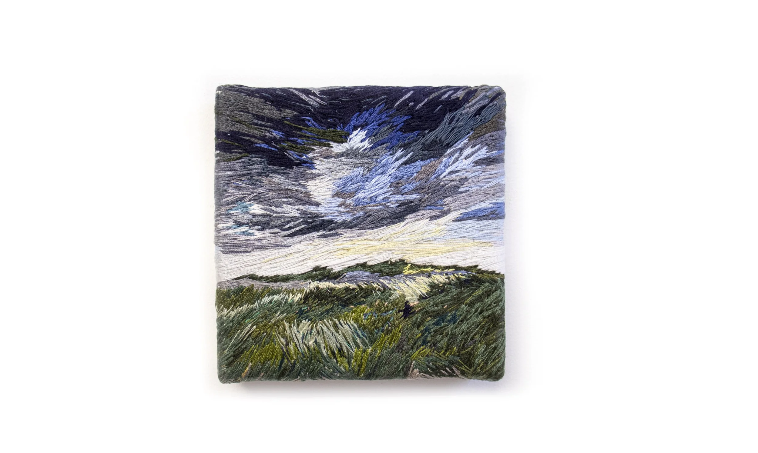 YiMiao Shih 
Landscape study, Hague, 2023 
Hand embroidery, vintage thread, silk thread, thread on canvas, canvas stretcher
 
15cm x14.5cm 