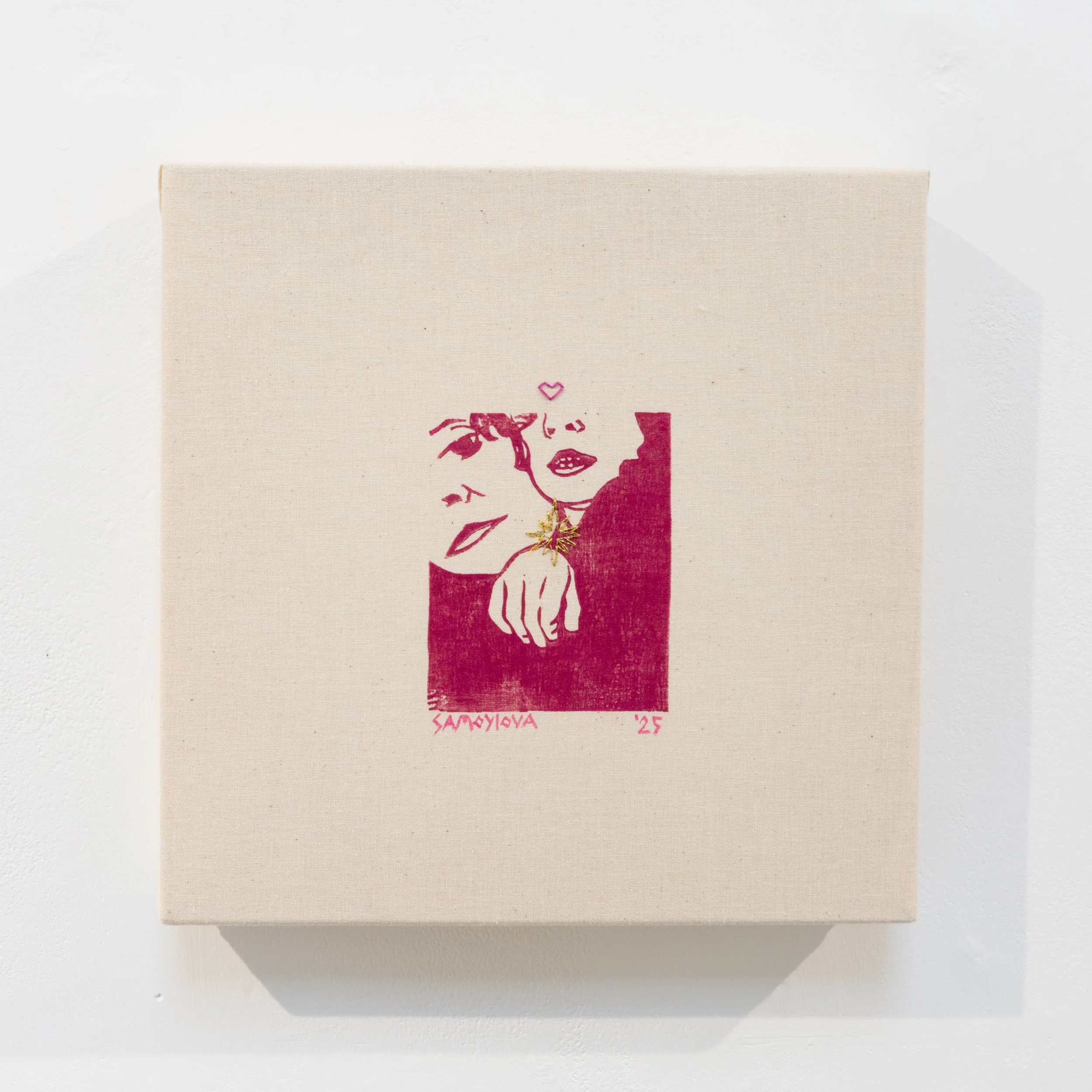 Anna Samoylova  
Everyday sacredness: having a foot on your face, 2025   
Calico, linocut, golden thread, cotton thread   
25cm x 25cm  
