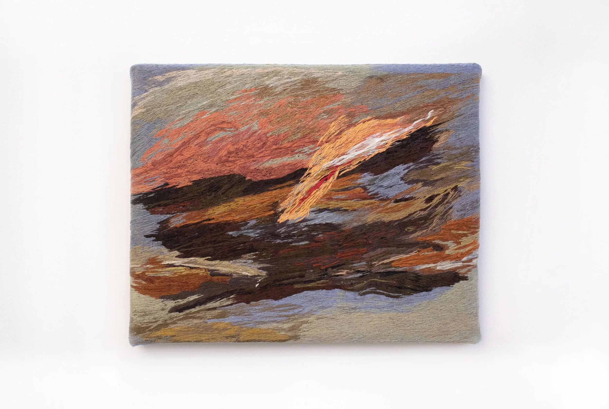 YiMiao Shih 
Flamed Terrain, 2026 
Thread, vintage thread, 
primed linen, medium-density fibre board  
34.5cm x27.5cm 
