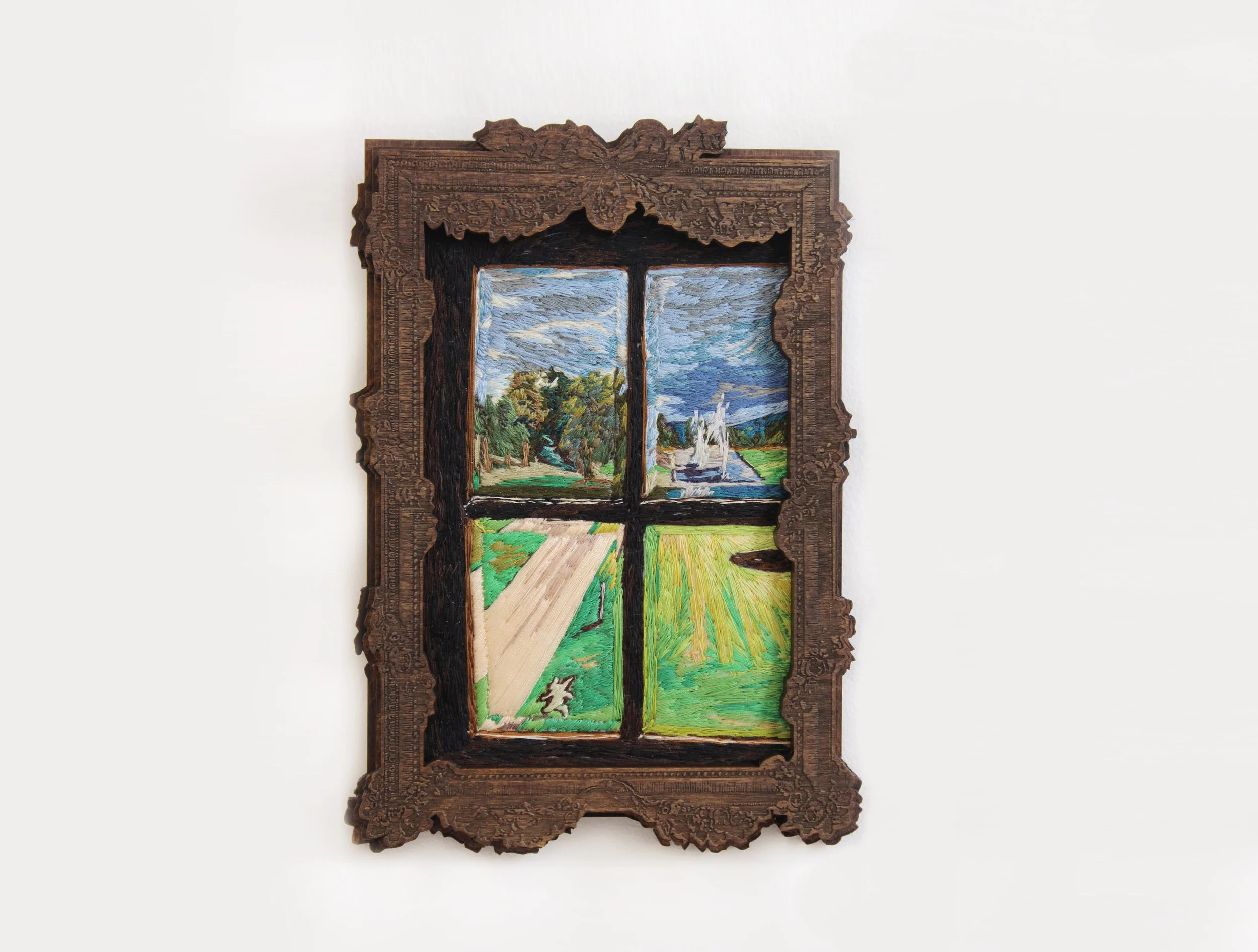 YiMiao Shih 
The Gaze, 2024 
Thread, vintage thread, fabric, 
wood, dye, beeswax 
20cm x 14.3cm 
