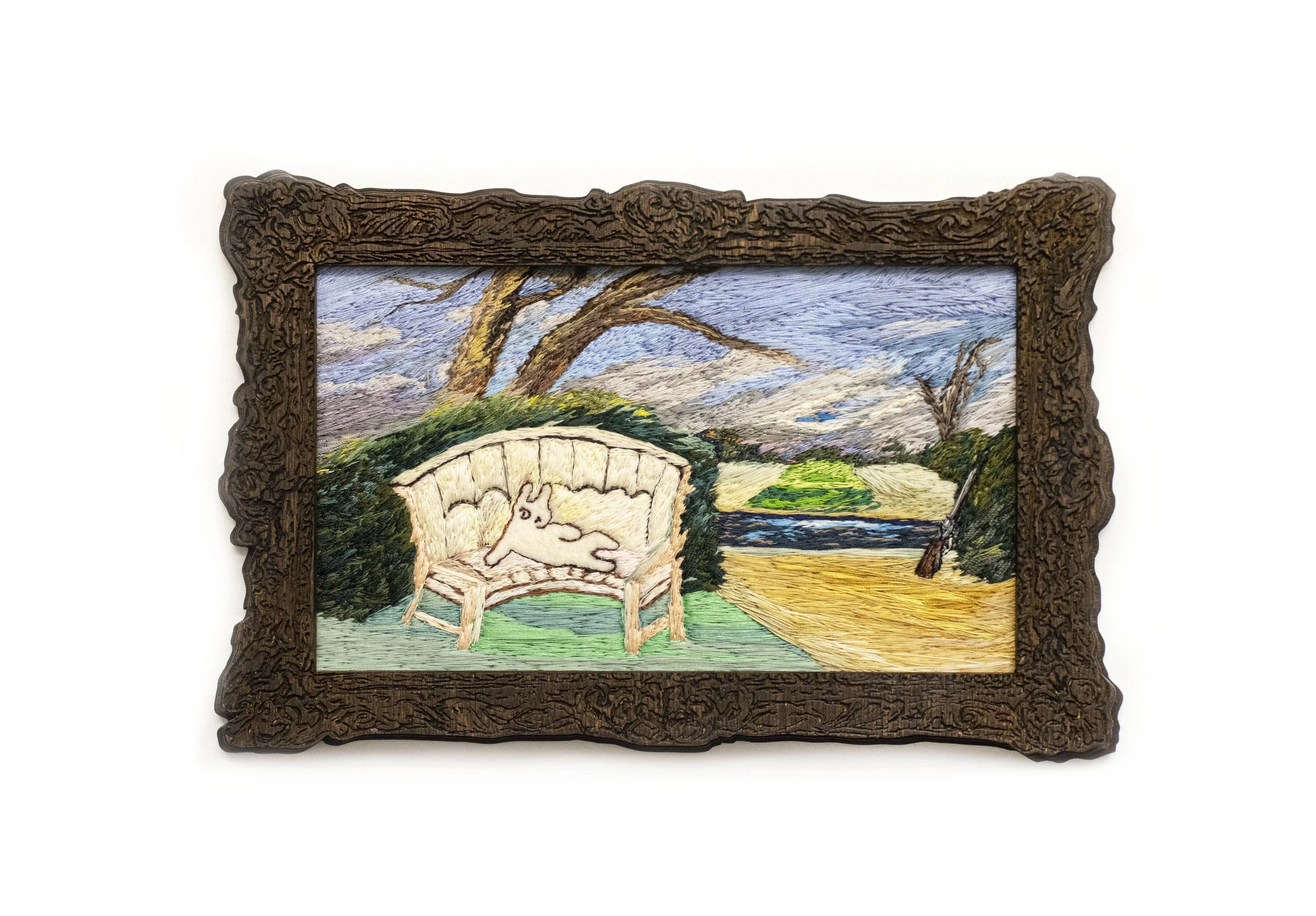 YiMiao Shih 
Alternative Landscape, 2025 
Thread, vintage thread, 
fabric, wood, dye, beeswax  
14.5cm x 22.8cm 