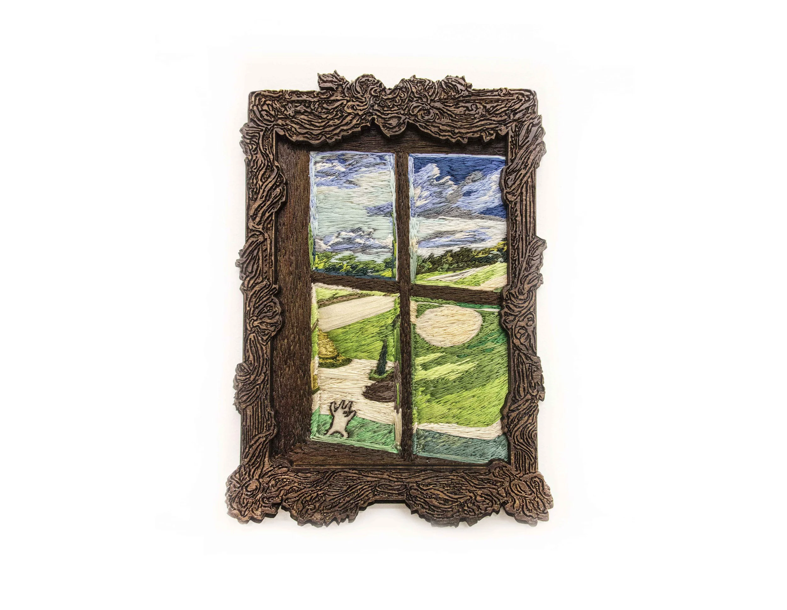 YiMiao Shih 
Wind Whisper, 2024 
Thread, vintage thread, fabric, 
wood, dye, beeswax 
20.2cm x 14.2cm 