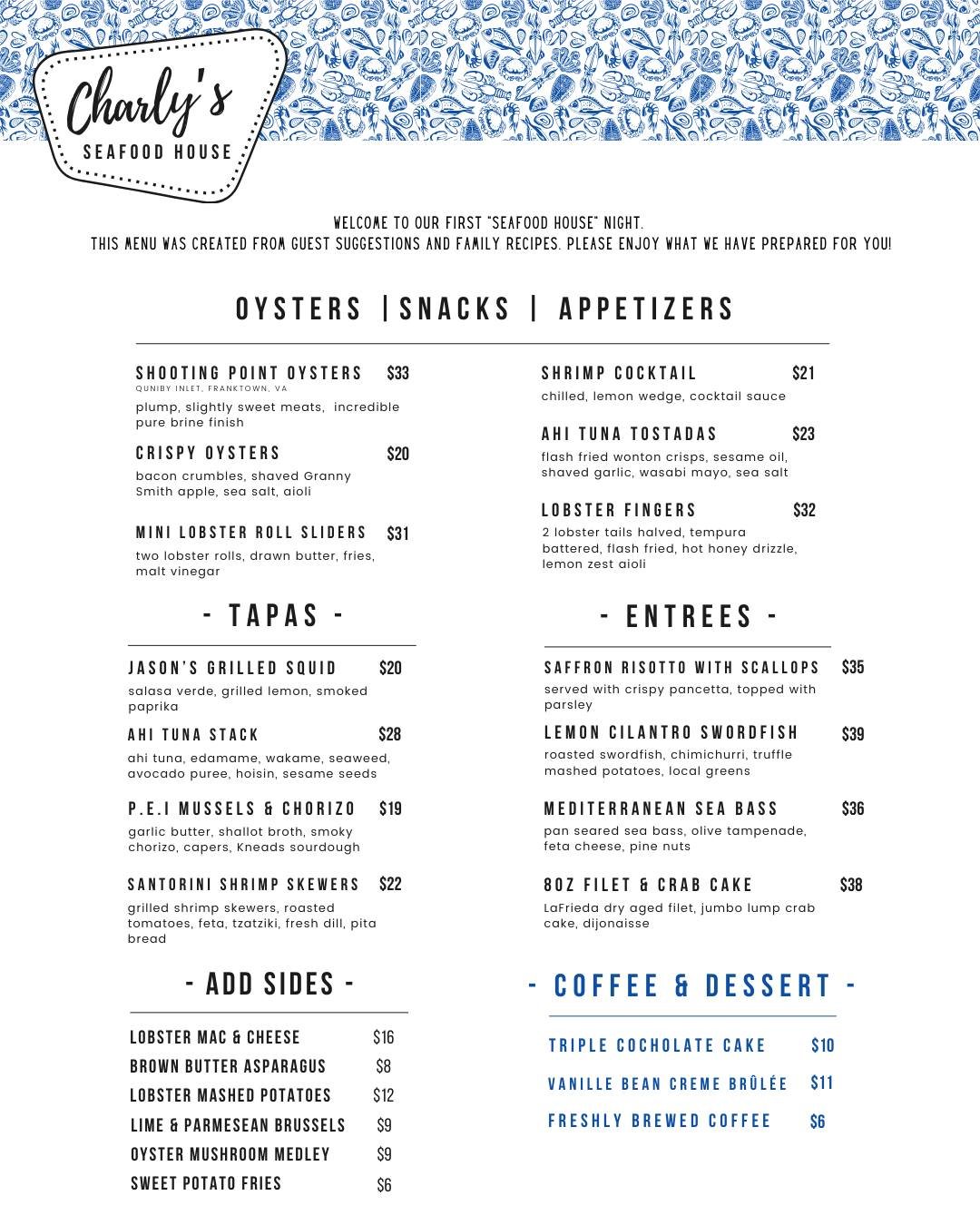 Hot off the press 🔥 Seafood Night at Charly's
Fridays &amp; Saturdays 
⏰5-10pm