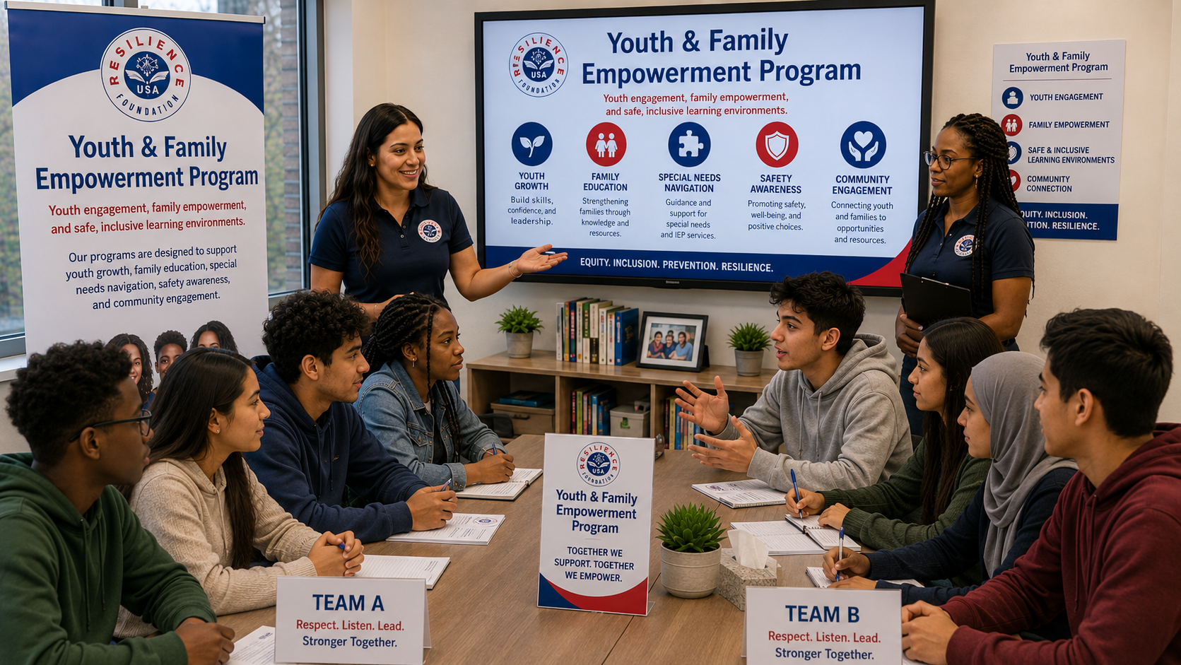 A woman in a gray blazer with an IEP badge standing and speaking to a group of five seated people at a table in a meeting room. A banner behind her reads 'Free Resilience Advocacy, The Resilience USA Foundation, Inc.' and an American flag is visible in the background.