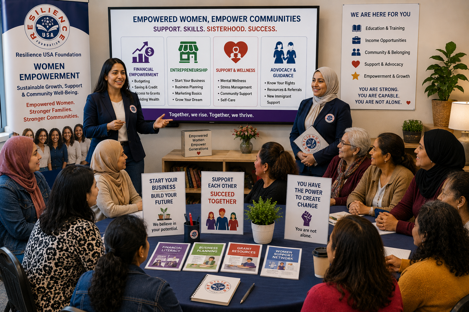 A diverse group of people at a community market outside a store called 'Empowerment Store,' supported by USA Foundation, Inc., with a woman in a hijab smiling and talking to a young boy among fresh vegetables.