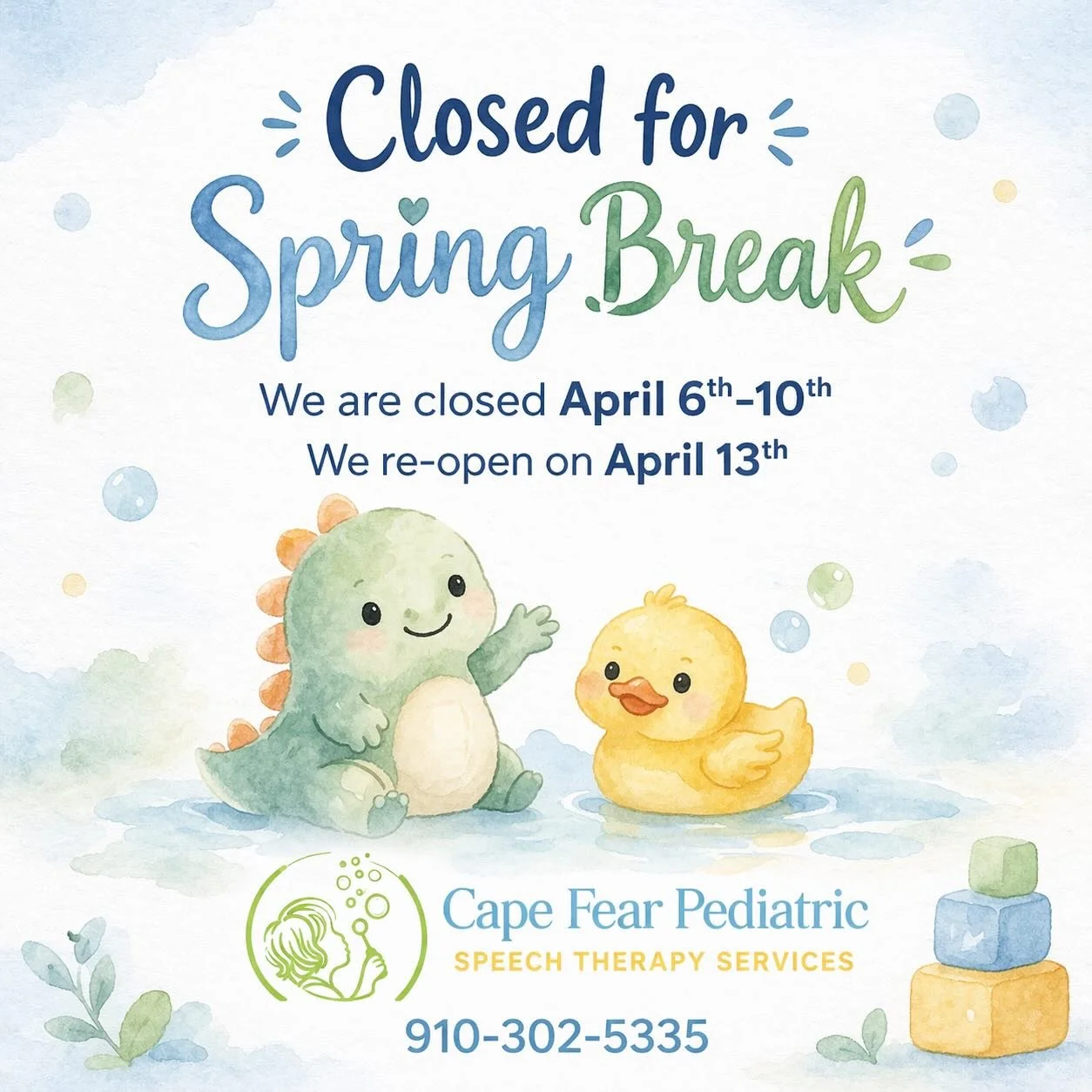 🌸 Spring Break Closure Notice 🌸

Our clinic will be taking a short break to rest, reset, and recharge so we can continue giving your little ones the very best care 💛

We will be closed April 6th&ndash;10th
✨ We will re-open on April 13th ✨

Thank 