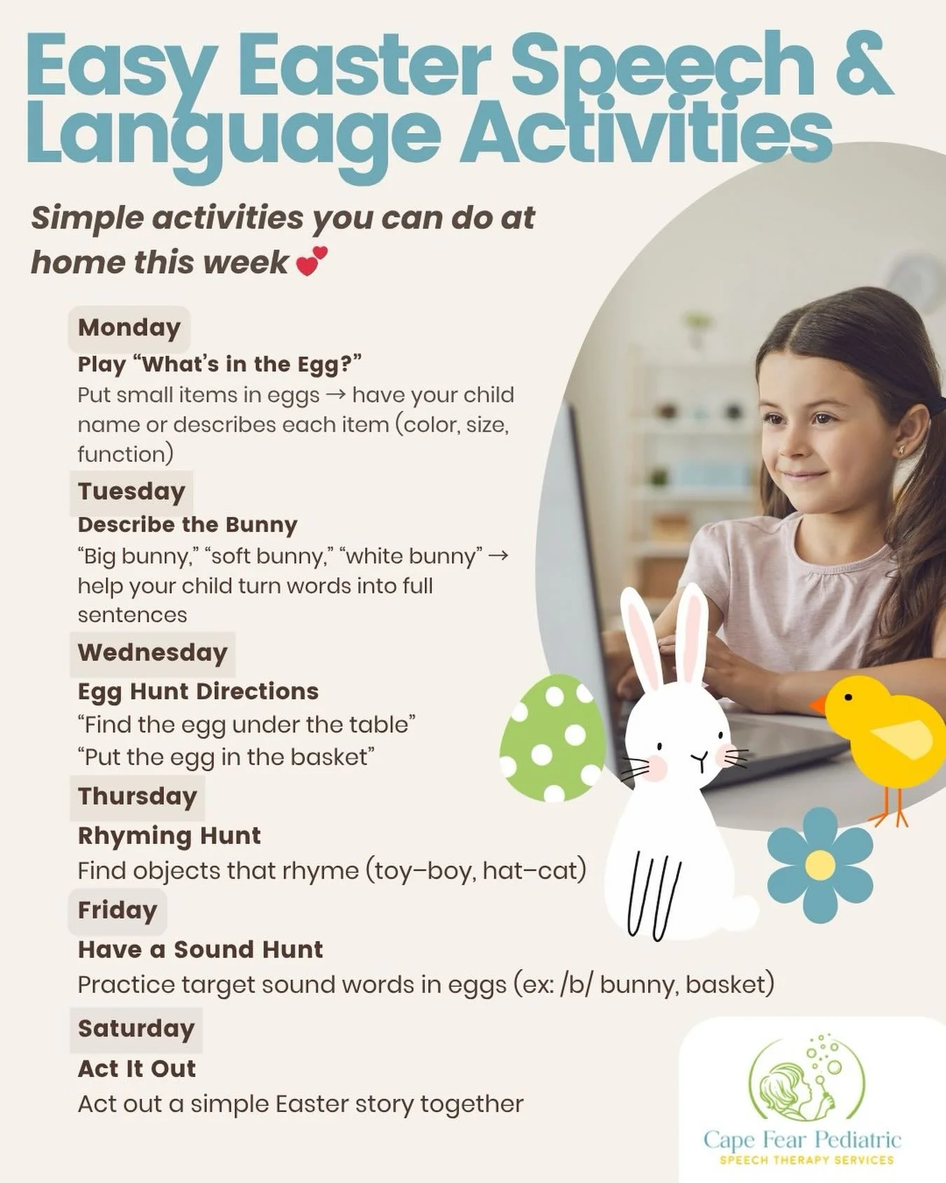 🐣 Easter is almost here, and we&rsquo;re taking a short break as many schools are out next week!

Even though the clinic will be closed, we wanted to share some simple, play-based activities you can do at home to continue supporting your child&rsquo