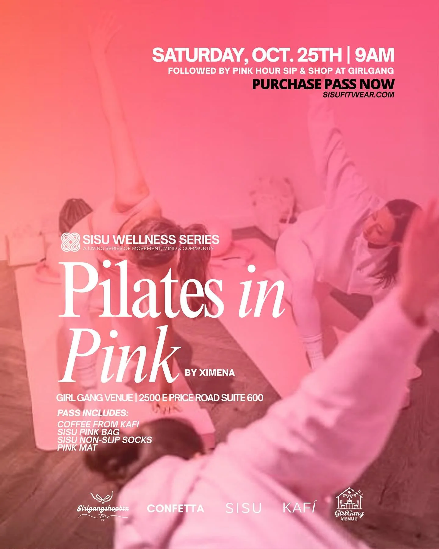 Move with purpose. Sip with friends. Shop for a cause.

Pilates in Pink 💗 OCT. 25th at @girlgangvenuebtx 
25% of all pink sales will be donated toward breast cancer awareness.

Reserve your mat: sisufitwear.com