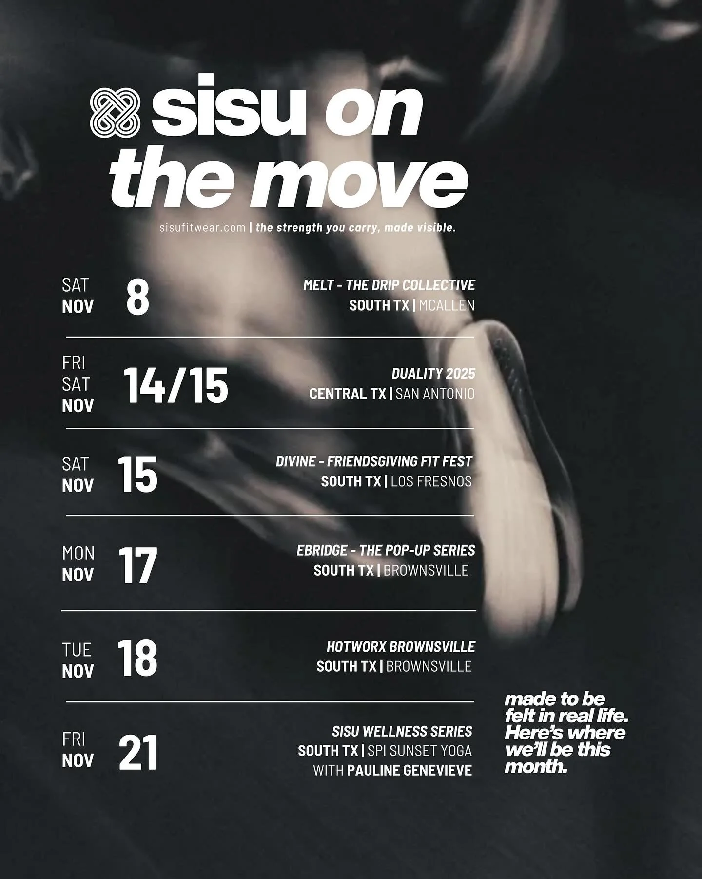 SISU on the move.
All month long we&rsquo;re bringing SISU to life in movement, in conversation, in community.

From McAllen to San Antonio to the Island, come experience the strength you carry, made visible.

📍 Nov 8 &mdash; @melt.rgv | McAllen
📍 