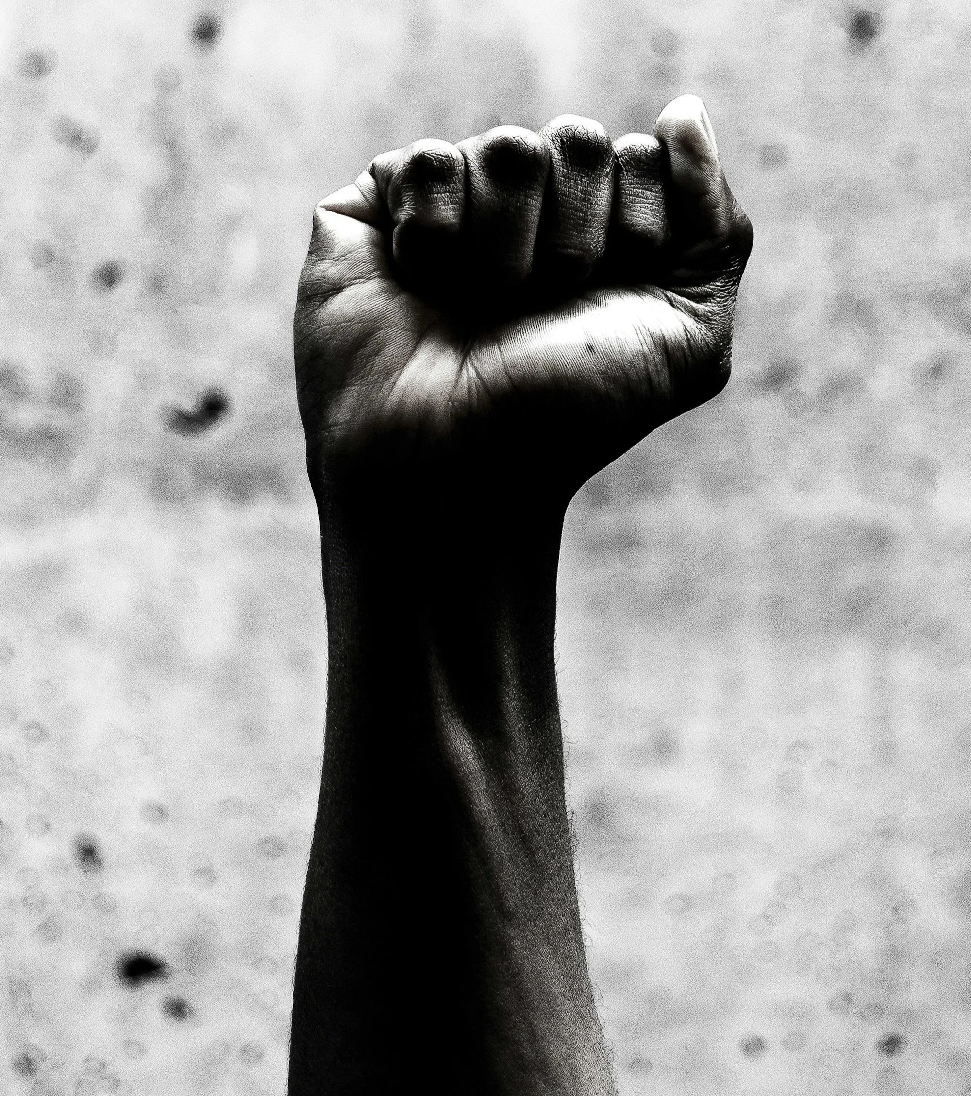 Raised fist in black and white symbolizing solidarity, resistance, and social justice.