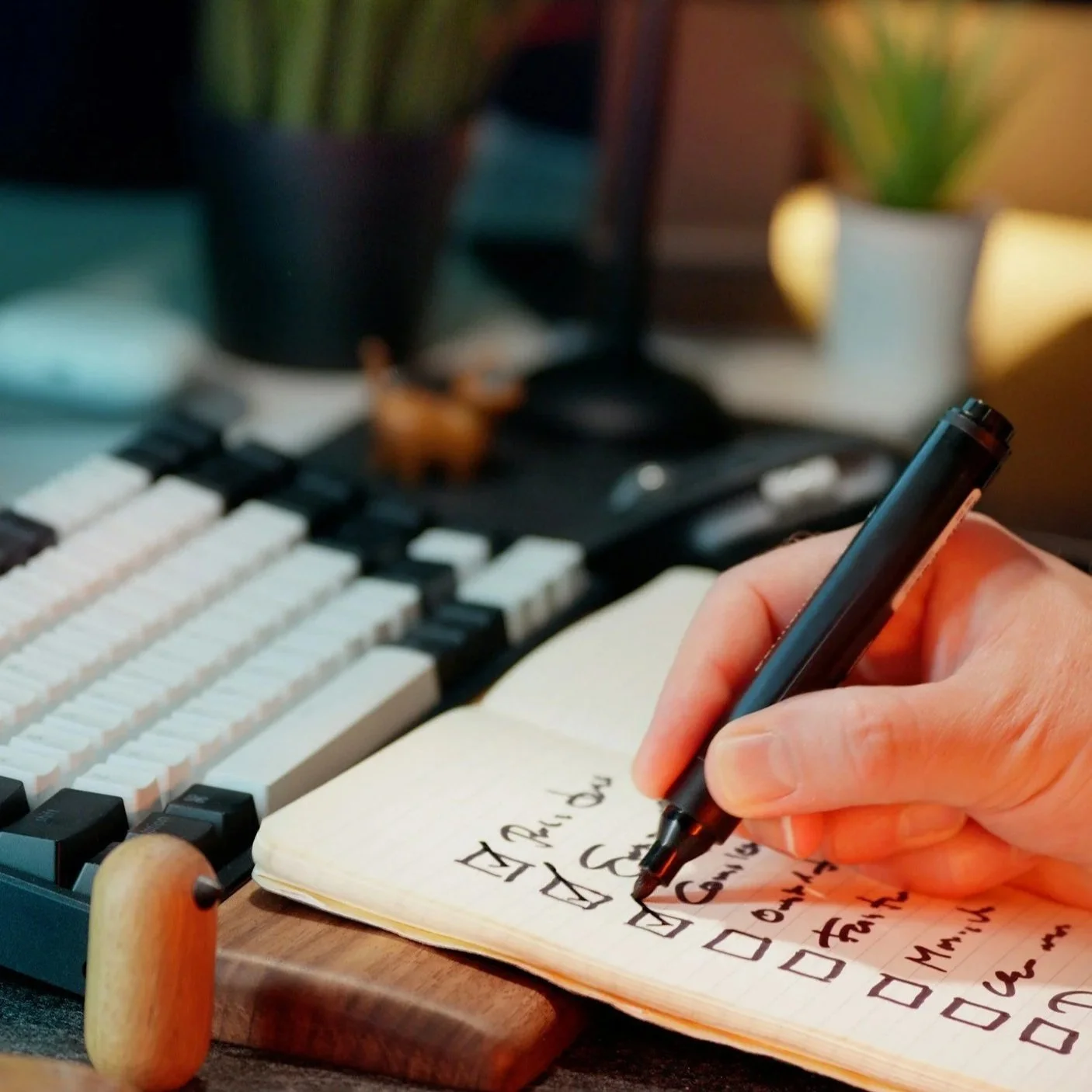 A person checks off items on a handwritten to-do list at a desk with a keyboard and notebook, representing organization and productivity.