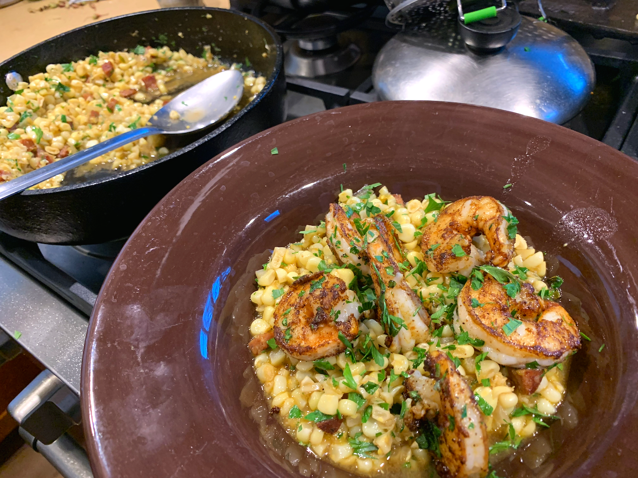 Sautéed corn and spicy shrimp.