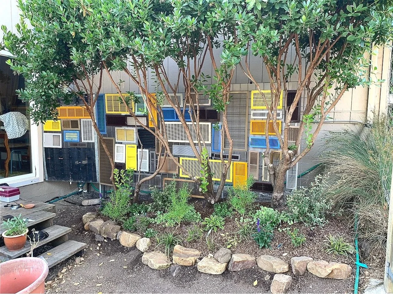 More from the metal scrap yard...I didn't have quite enough to fill the wall, so a few are purchased/new.  Another job for Montana Gold spray paints...Eventually for fire safety +, the tall Arbutus had to go...