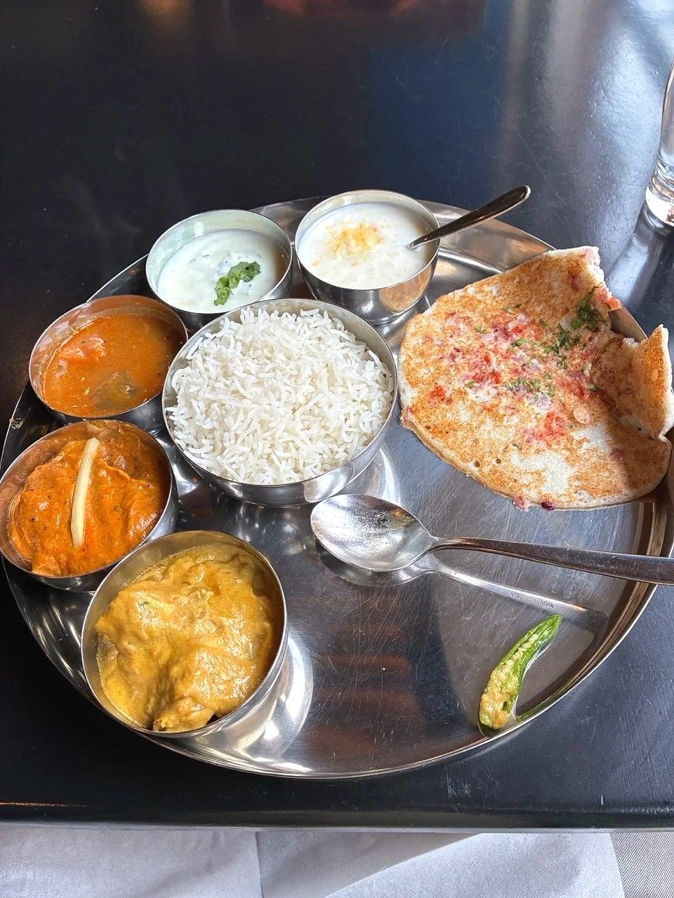 ...a nice south Indian thali lunch - that's a flatbread type I hadn't had before.  He said it's a fermented batter of rice and dal, I said "like idli?" - he said "oh, yes!"