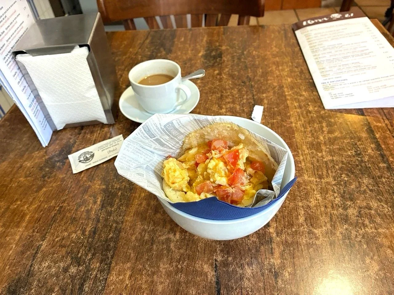 ...breakfast, arepa stuffed with scrambled eggs