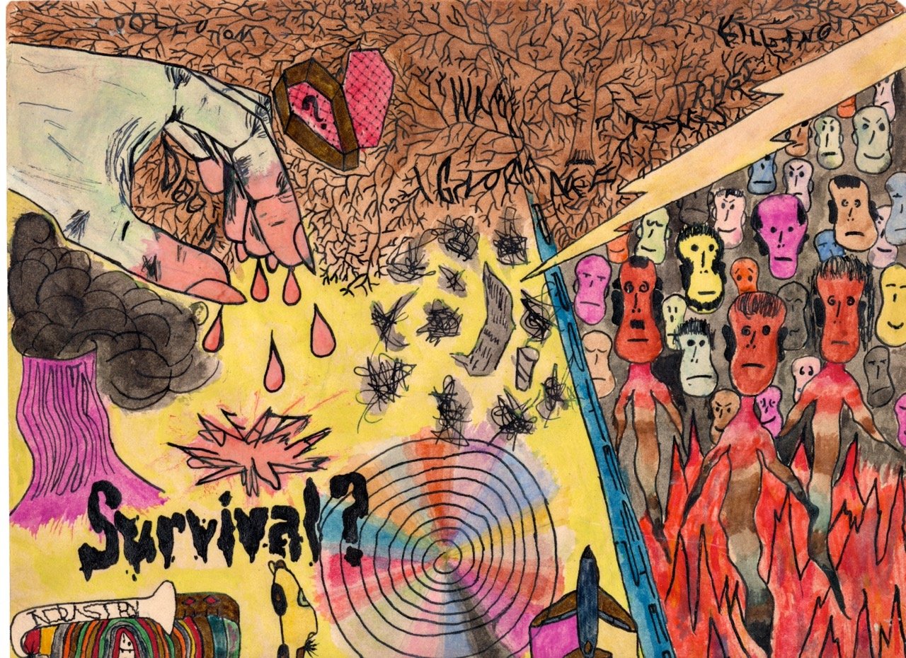 Intersection of science-fiction reading, album covers, and the socio-political world of the early 1970s...Survival is copied or traced from the Grand Funk (they'd dropped the Railroad?) album of the same name...