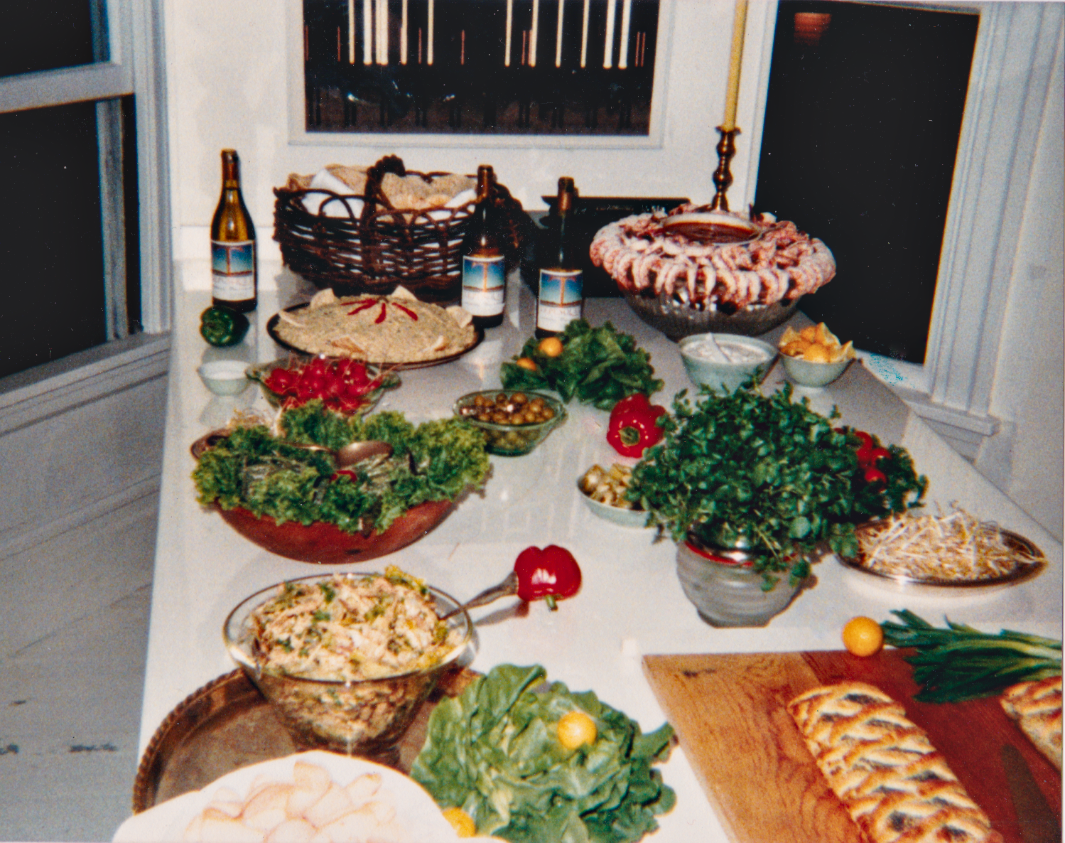 I can't recall the event - shrimp cocktail, chinese chicken salad (likely prepared by Ron), olives, a plate of bean sprouts (?), maybe hummus, and a couple of spinach and ham filled pastries.