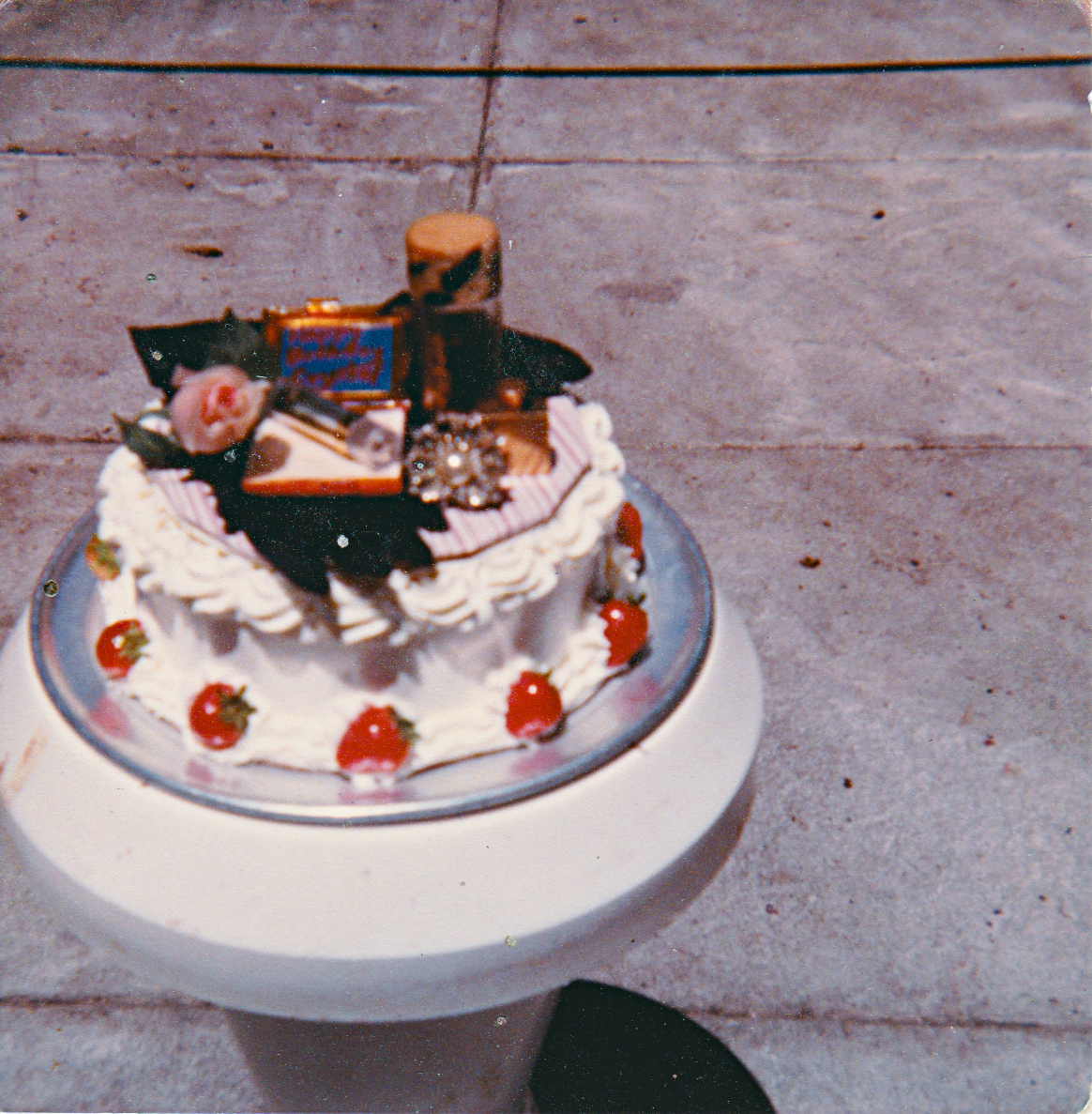 "Kiss My Sweet..." 80s bakery Haight St, SF, CA. Baker and cake decorator.  I was asked to make a bday cake for a drag queen...nothing more.  I chose a dressing table theme - lipstick, perfume, gloves, etc. bought at a thrift store next door. They lo