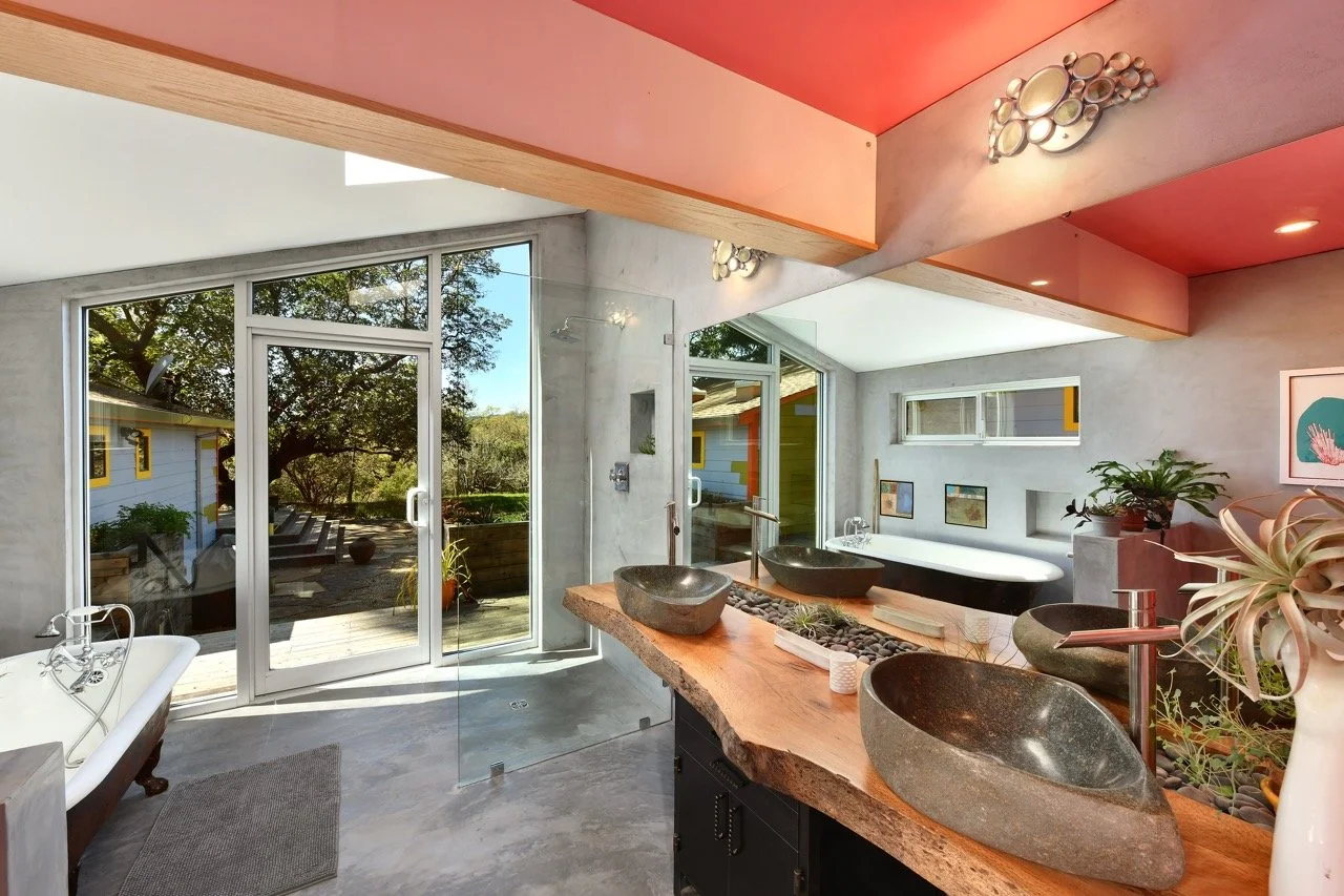 Main bath, stone basing, open shower...