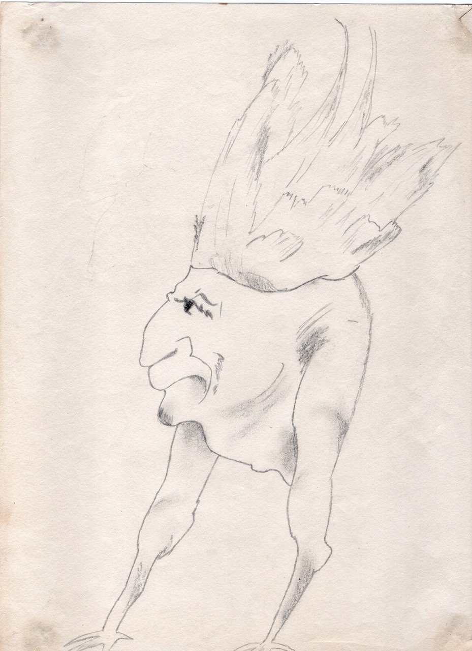 Ah, along with philosophy I was exposed to strange corners of the art world - Dali, Magritte, and Heironymous Bosch.  This sketch is likely based on Bosch's "The Garden of Earthly Delights"...