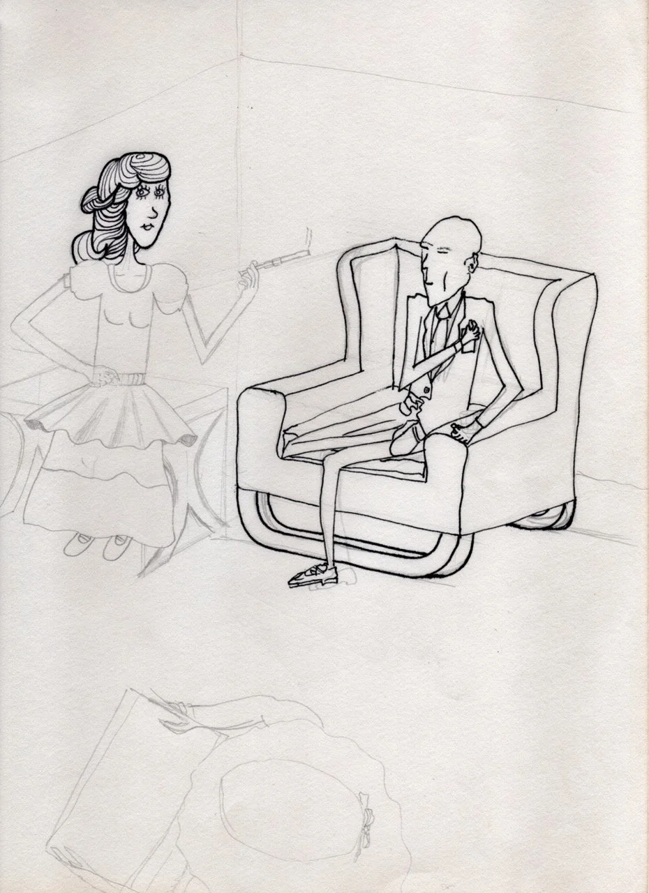 An unfinished group of experiments...I look now at the stylized aspects, and the furniture design! I think the bottom figure, view from above (someone reading a newspaper?) - the little knotted ribbon at the back of the head is one of the nicest bits