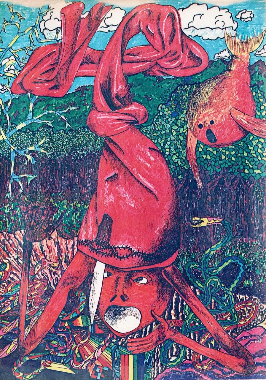 This is a scan of a color xerox of another Bosch-based work.  I gave the original to -someone.  The background is a mix of textures from imagination, woods, patterns, sky...with the Boschian creatures overlaid...