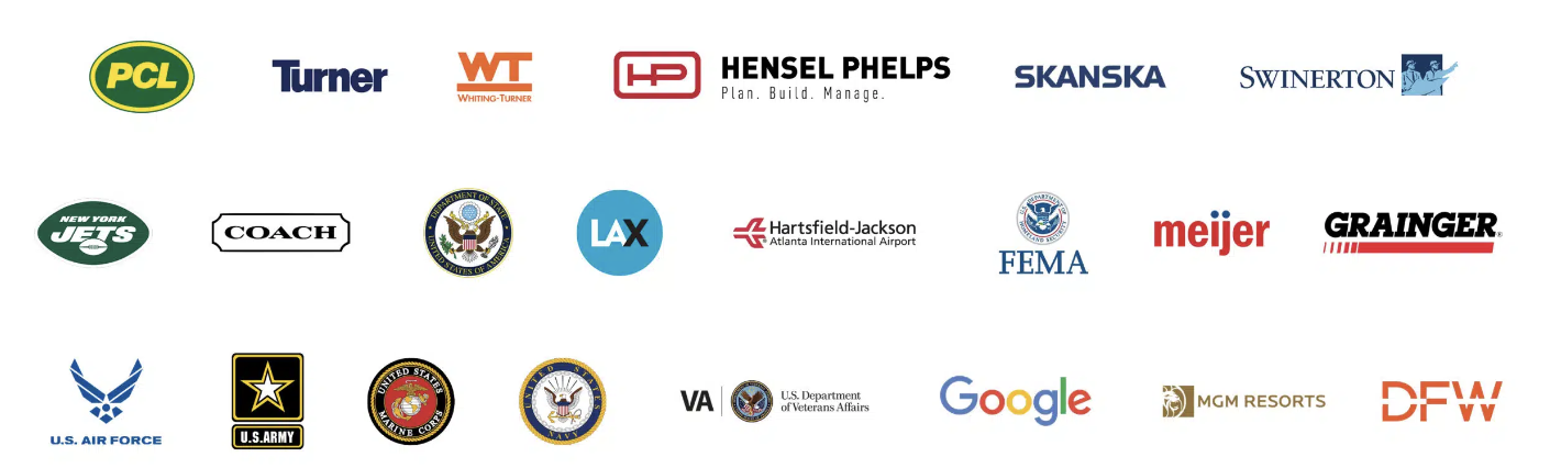 Logos of companies and agencies that trust MCE, including PCL, Turner, Whiting-Turner, Hensel Phelps, Skanska, Swinerton, New York Jets, Coach, U.S. Department of State, LAX, Hartsfield-Jackson Atlanta International Airport, FEMA, Meijer, Grainger, U.S. Air Force, U.S. Army, U.S. Marine Corps, U.S. Navy, U.S. Department of Veterans Affairs, Google, MGM Resorts and DFW Airport