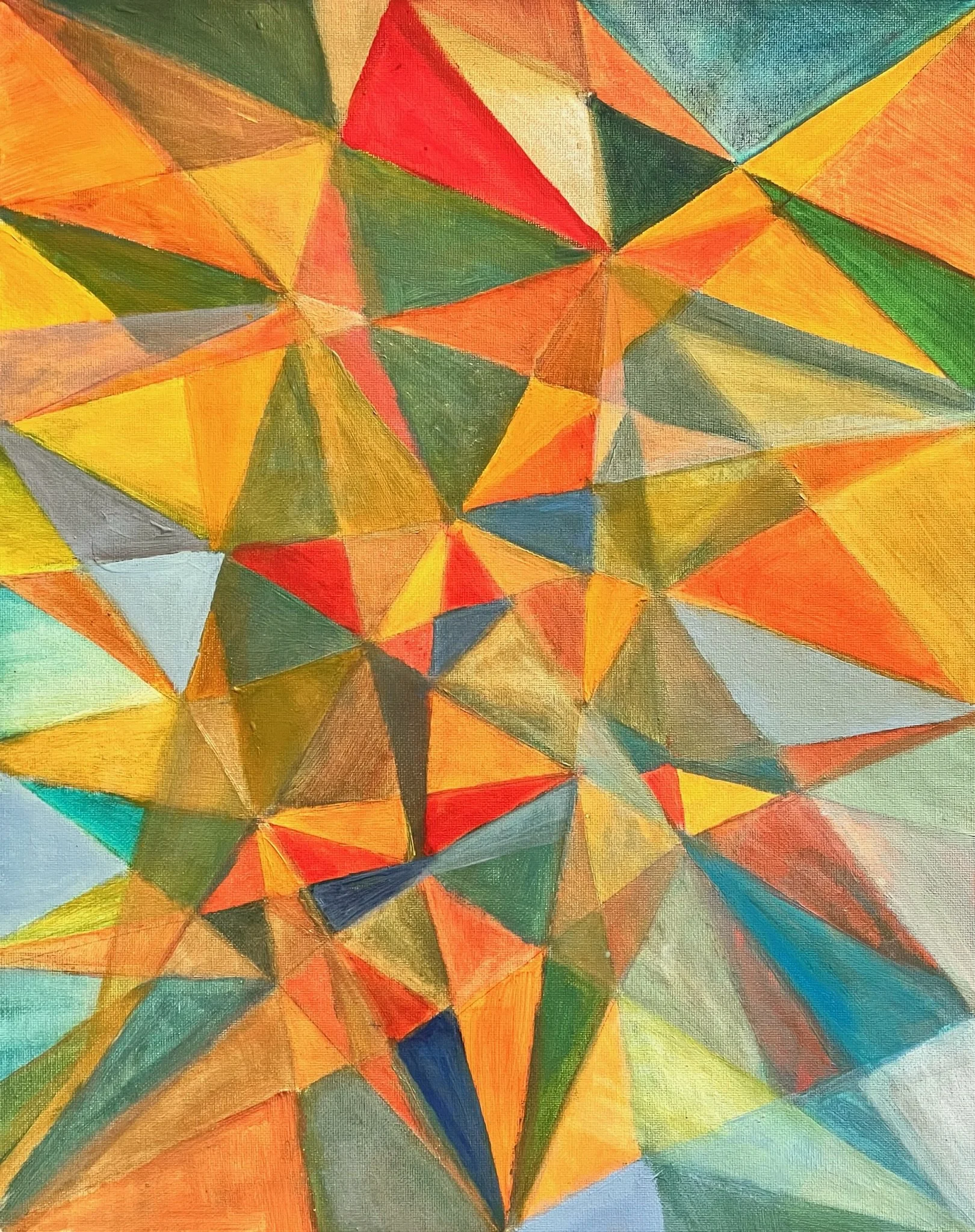 45. “We are all a part of many tribes,”. Oil on canvas board, £490
Inspired by the Simultanist movement of the early 20th Century. Each of the small triangles forms a part of multiple larger ones, and each time you look, different larger ones will