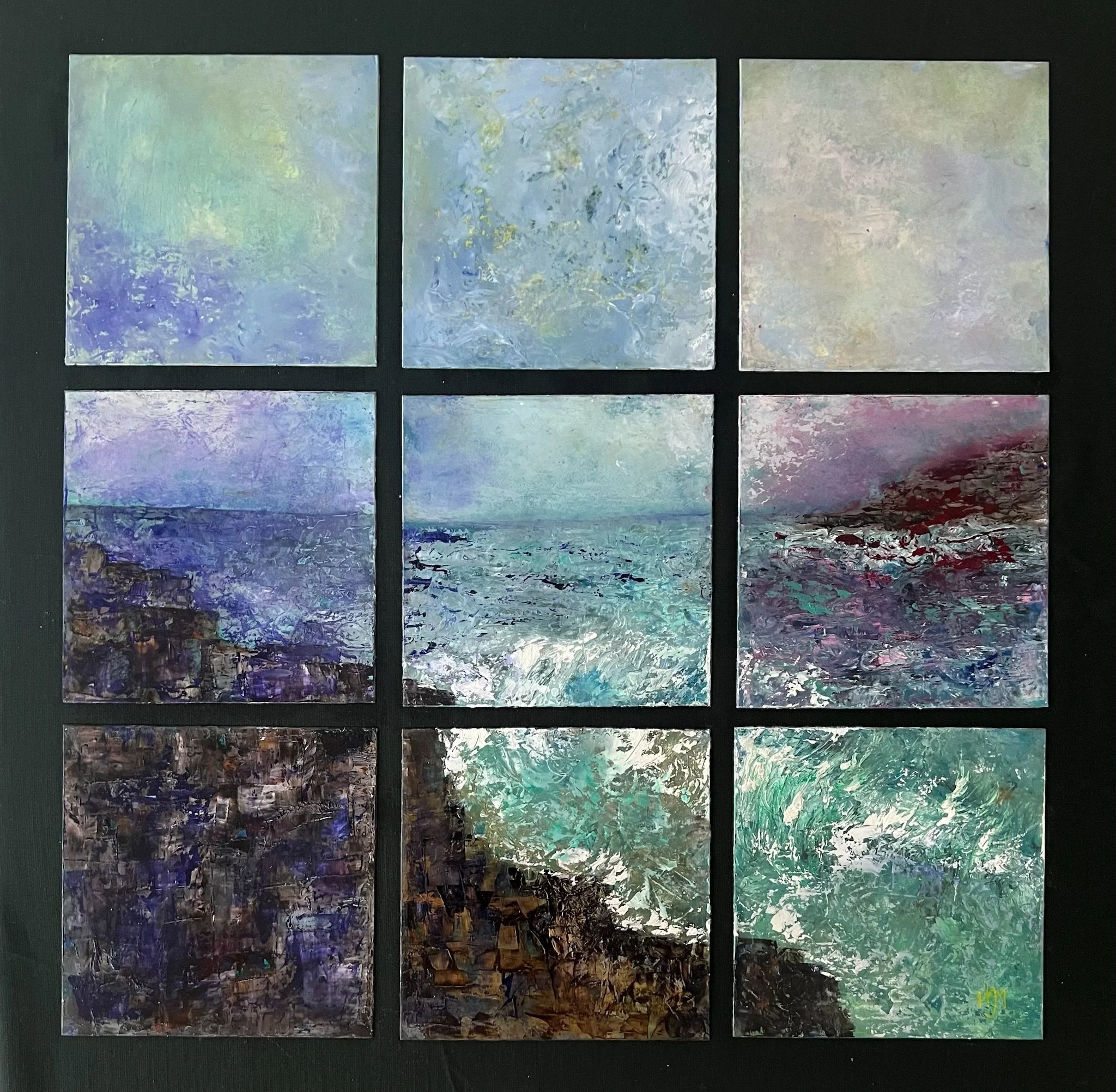 28. Seascape through window panes, £950
Oil on dense pressed card and cloth.
Painted as 9 individual paintings, each with its own qualities but forming a coherent whole. Inspired by the way window panes can form views with the view, enhancing one’s