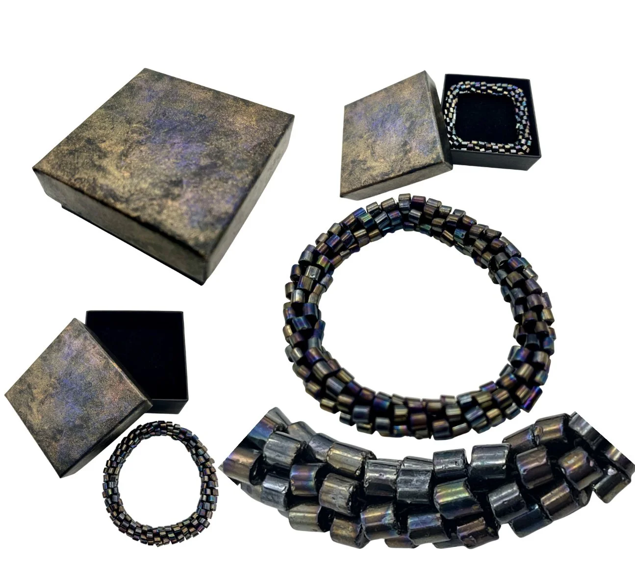 Stretched bracelet, enamel on metal, in matching hand-enamelled box. Part of the “Stormy Seas” range