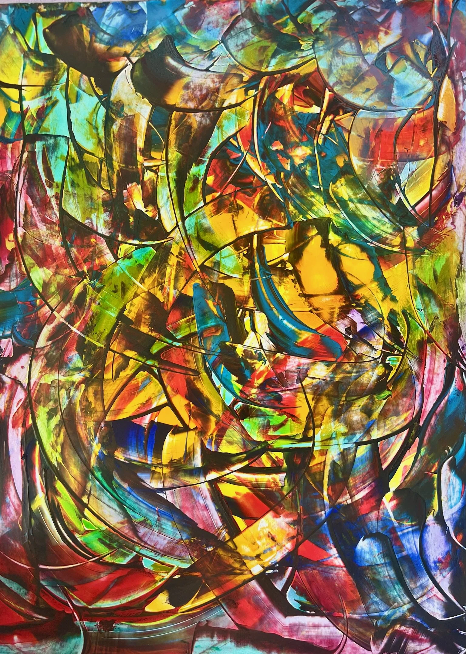 7. Stained glass, oil on dense card framed, £290