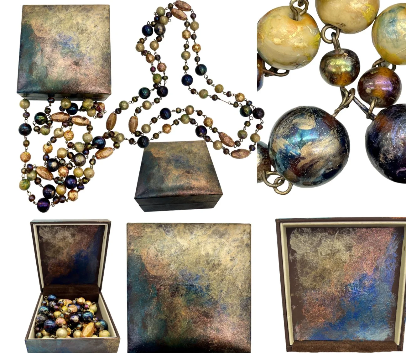 Boxed necklace. Enamel on glass beads. Part of the “ever-changing light” range