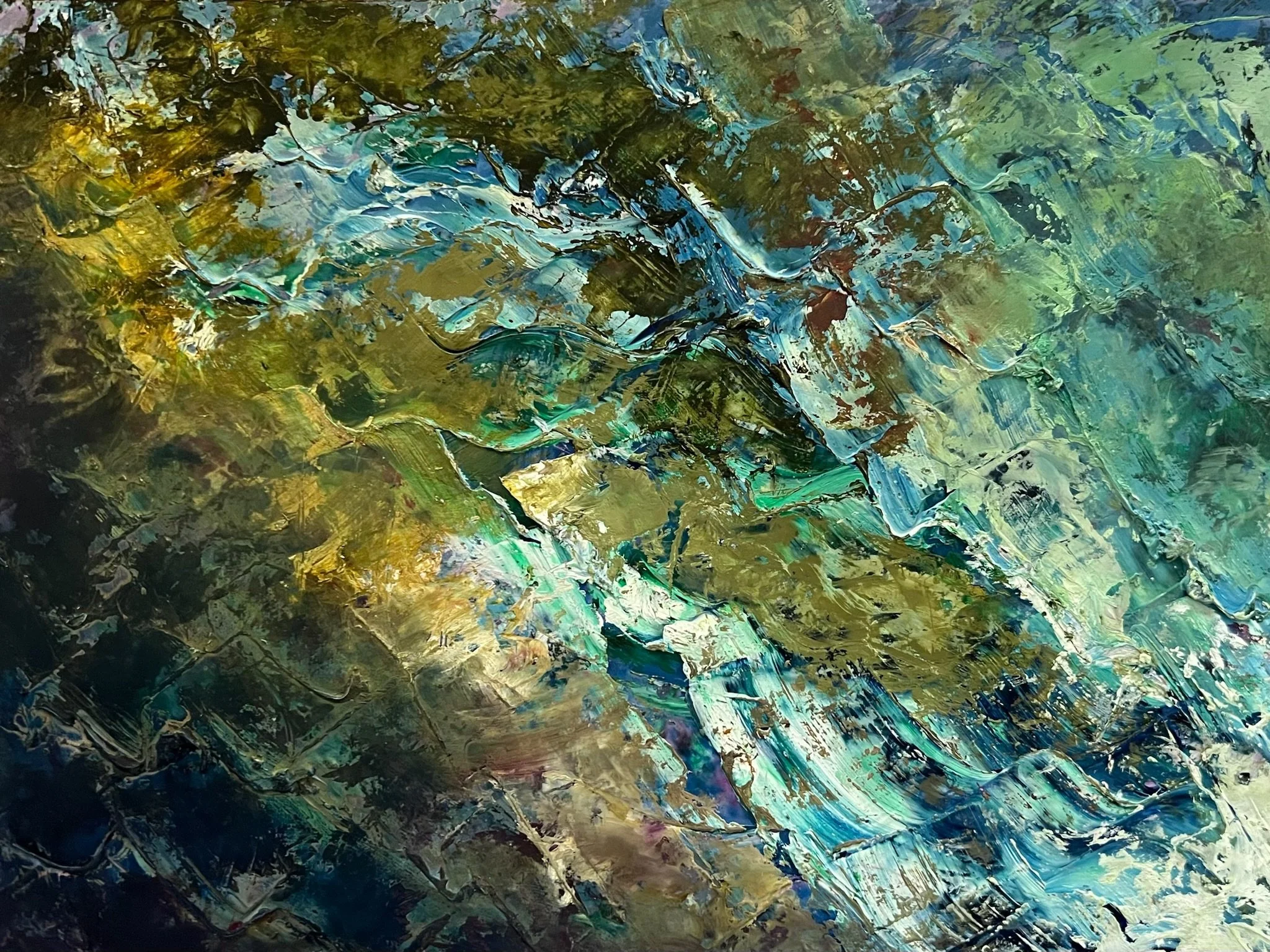 33. Patina in Teal, oil on dense card, framed, £290