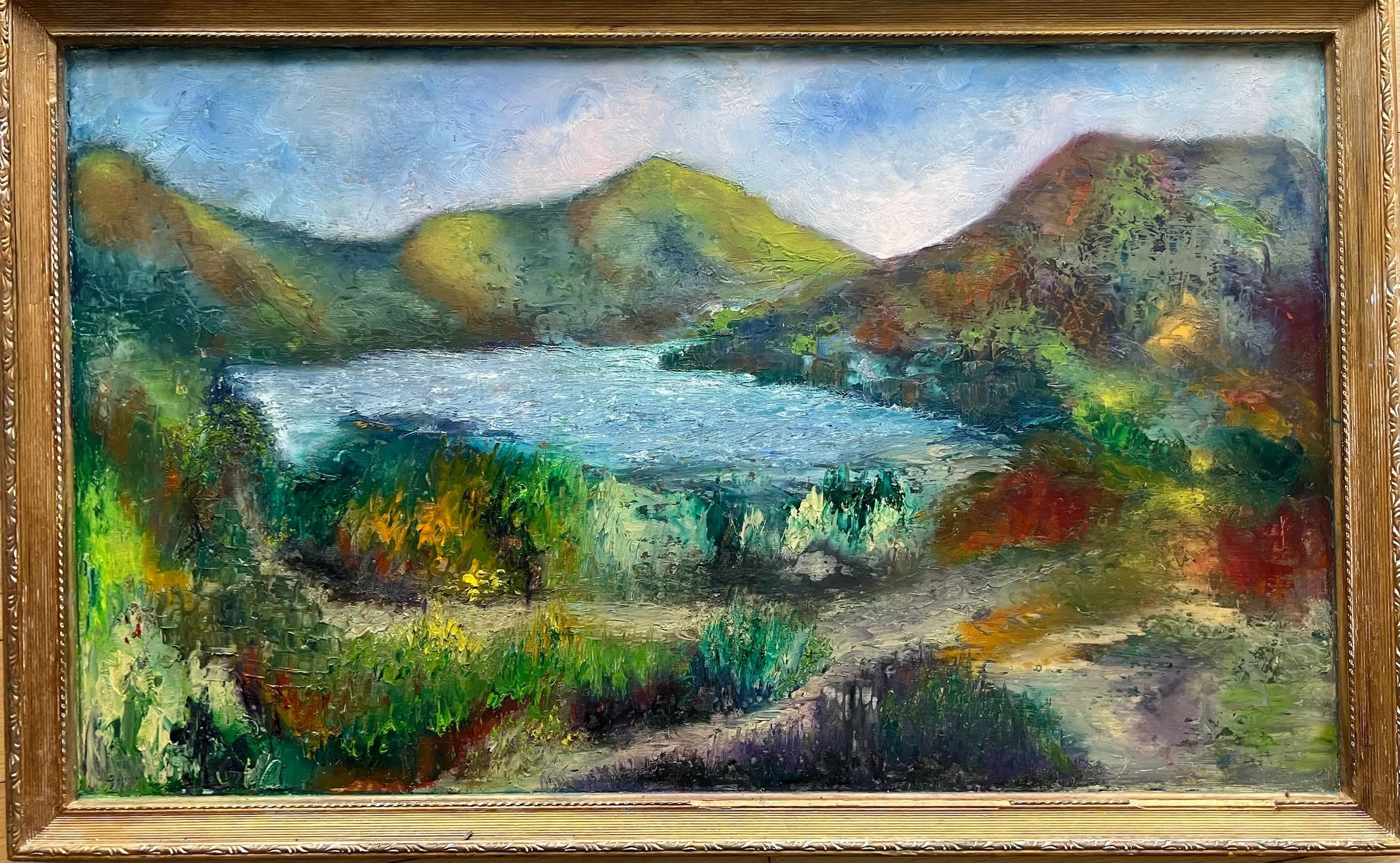 21. Remembered Walk in the Mourne Mountains, Oil on board, distressed frame, £790
The distressed paint style and frame reflect the way memories corrupt over time; the vibrant colours reflect how fond memories can also become exaggerated. But mainly