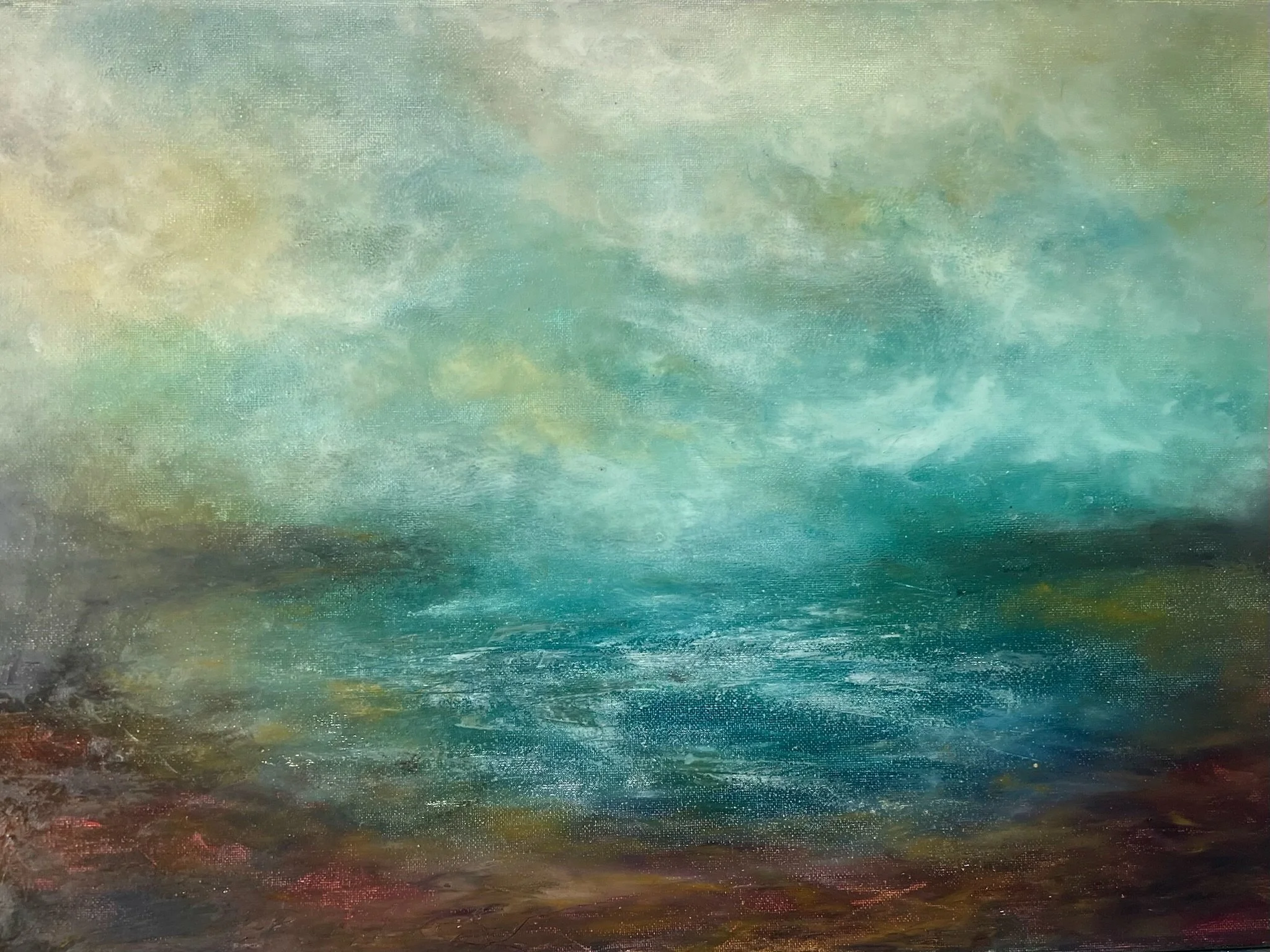 1. Merger of sky land & sea, oil on canvas, £350
While it is normal to find clear and sunny days beautiful, I find beauty when inclement weather causes the elements of a landscape to blur and fuse together.