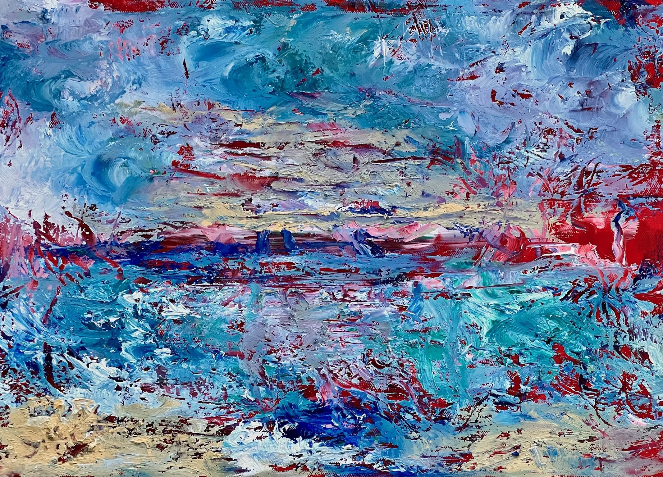 17. Scarlet Seascape, oil on deep canvas, £395
Early in his painting career, the great JMW Turner was mocked by critics for the imprecision of his works. He explained that if one depicts things precisely, “it leaves no room for the viewer.”. I always
