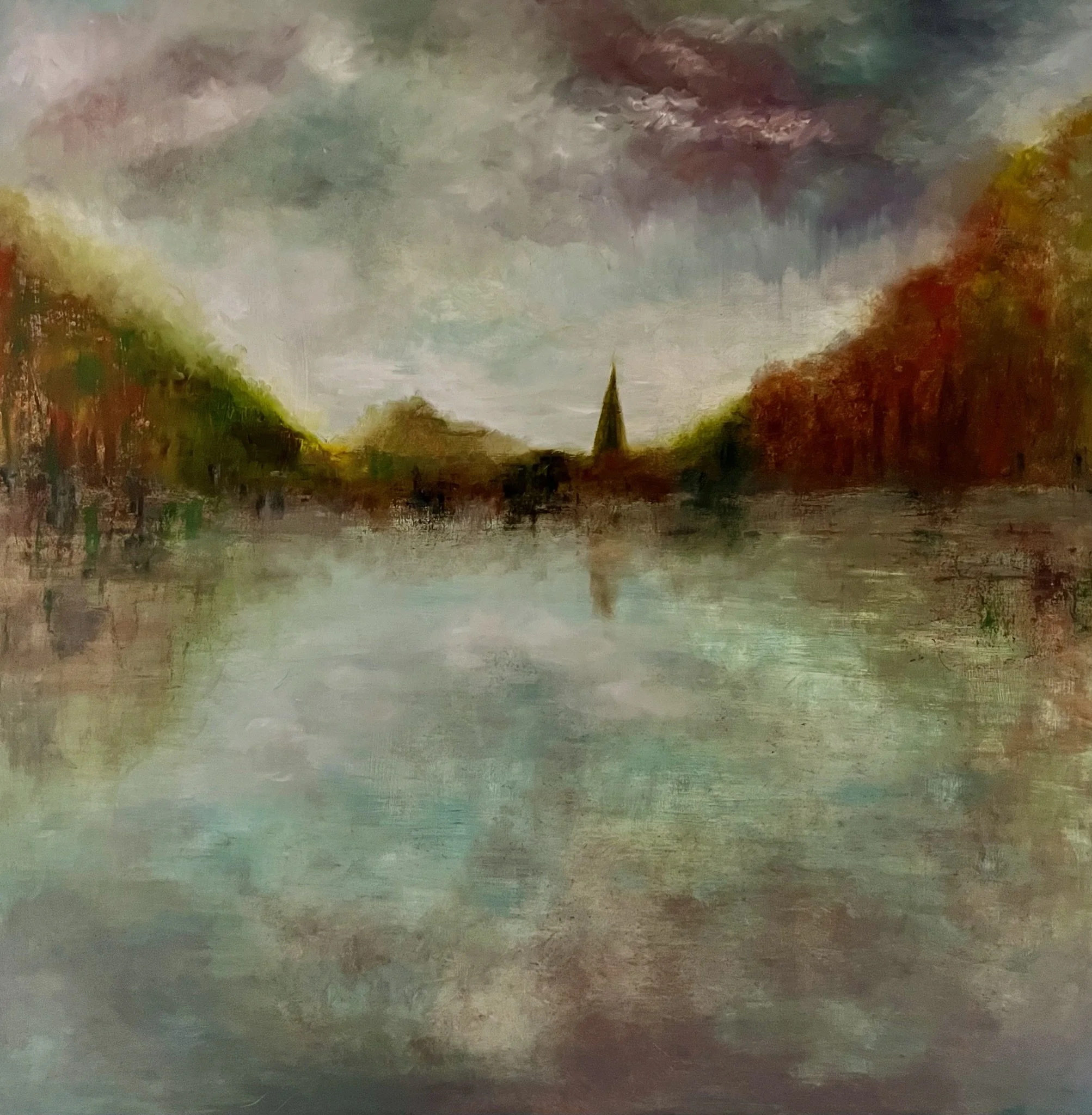 18. The Lake, oil on canvas, £950
This draws on various lakes I have know, including Hillsborough and tthe Serpentine in London’s Hyde Park. I’m trying to capture the sense of space they afford, so very welcome when living in a city.