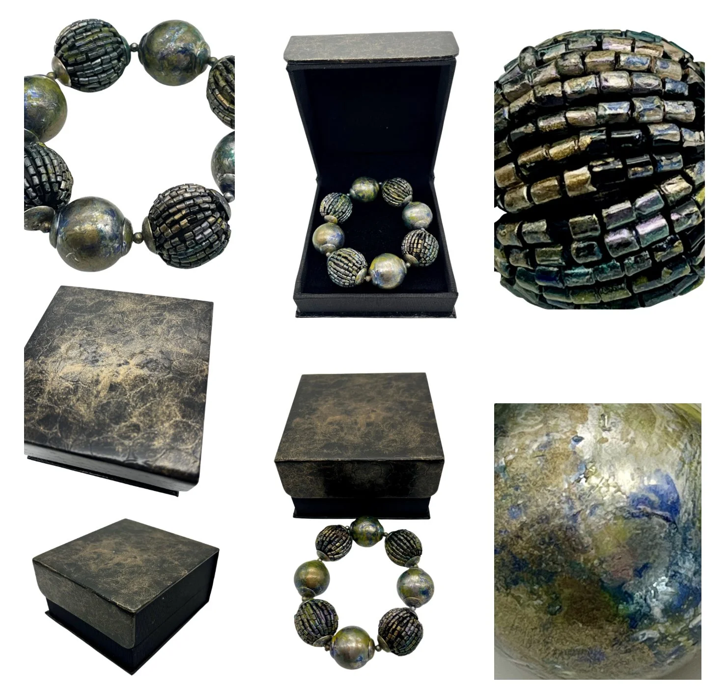 Stretch bracelet, enamel on various materials, part of the “Stormy Seas” series.
