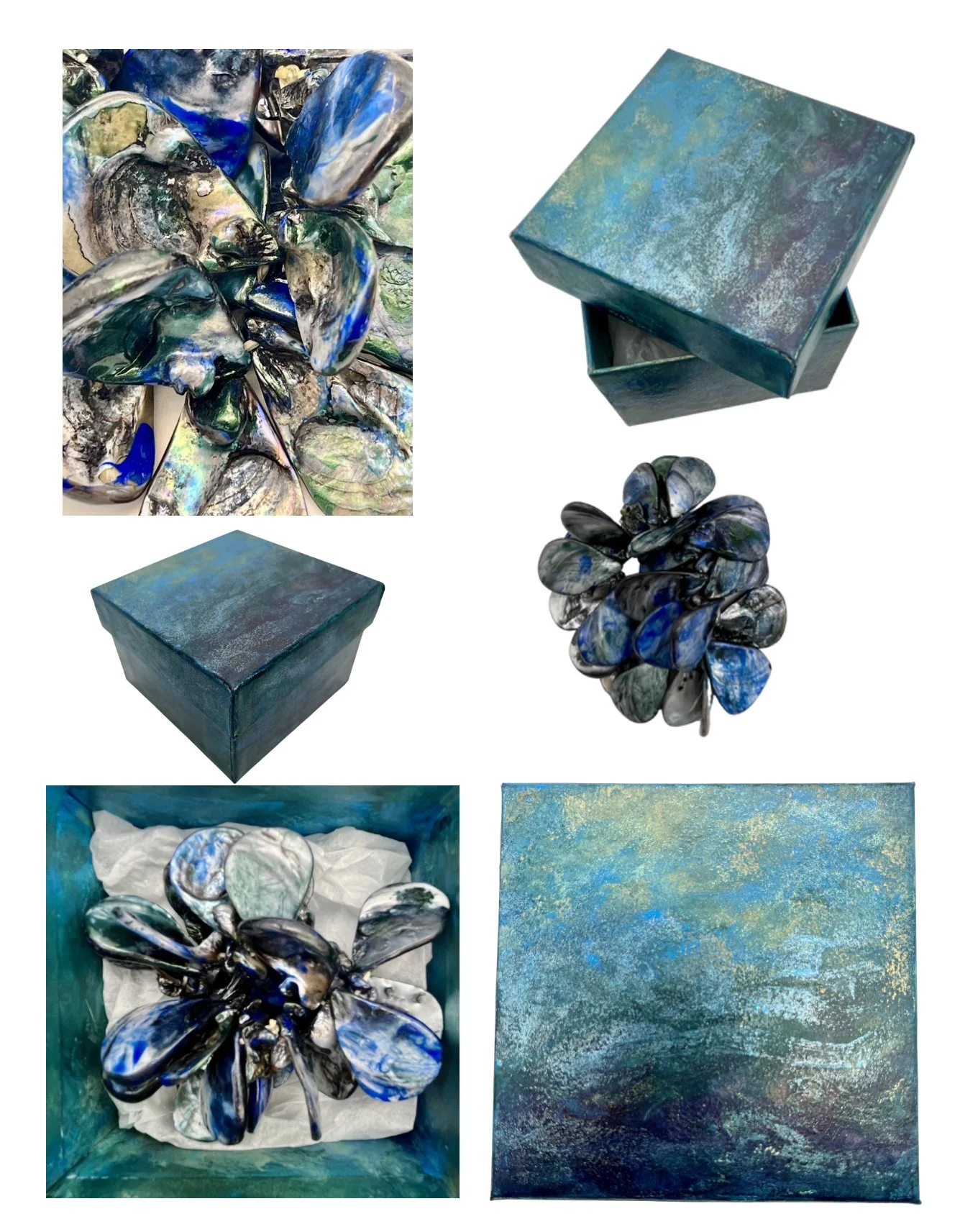 Bracelet, enamel on shell, in complementary hand- enamelled box. Part of the “Under Blue Skies” range