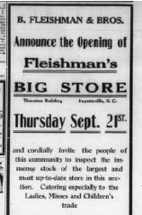 Advertisement for Fleishman's Big Store opening on Thursday, September 21st. Lineage of Thompson's of Wilmington, a Men’s clothing store in Wilmington NC.