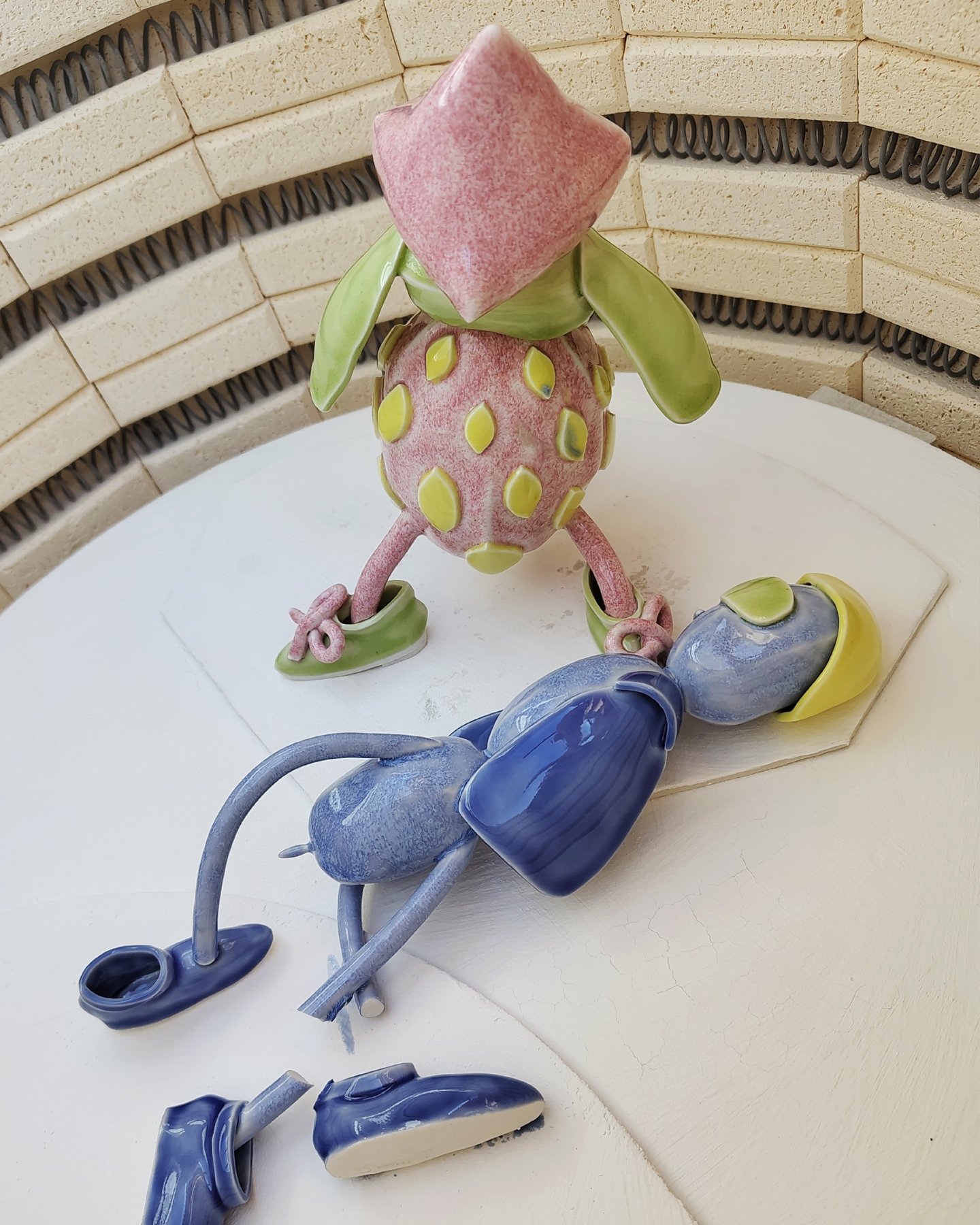 Each piece I make is a step forward. Sometimes a lesson.  Here the lesson is that skinny legs aren't strong enough for a big personality. 

Luckily I enjoyed making these and the glazes work well. So many things accomplished.