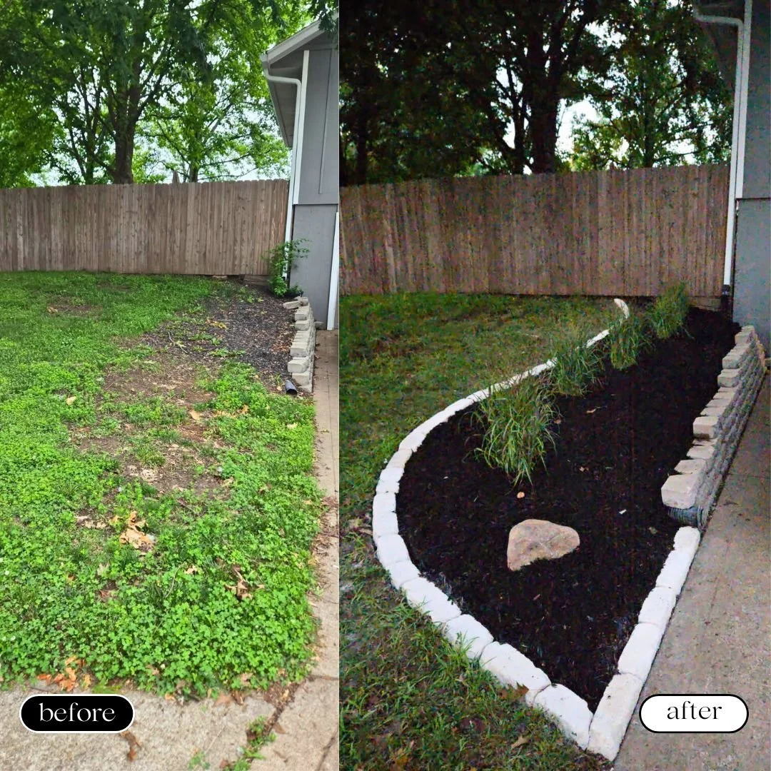 Side-by-side comparison of a yard before and after landscaping. The 'before' side shows a patchy lawn with weeds and dirt, while the 'after' side displays a neatly bordered flower bed with dark soil, a few young plants, and a decorative stone.