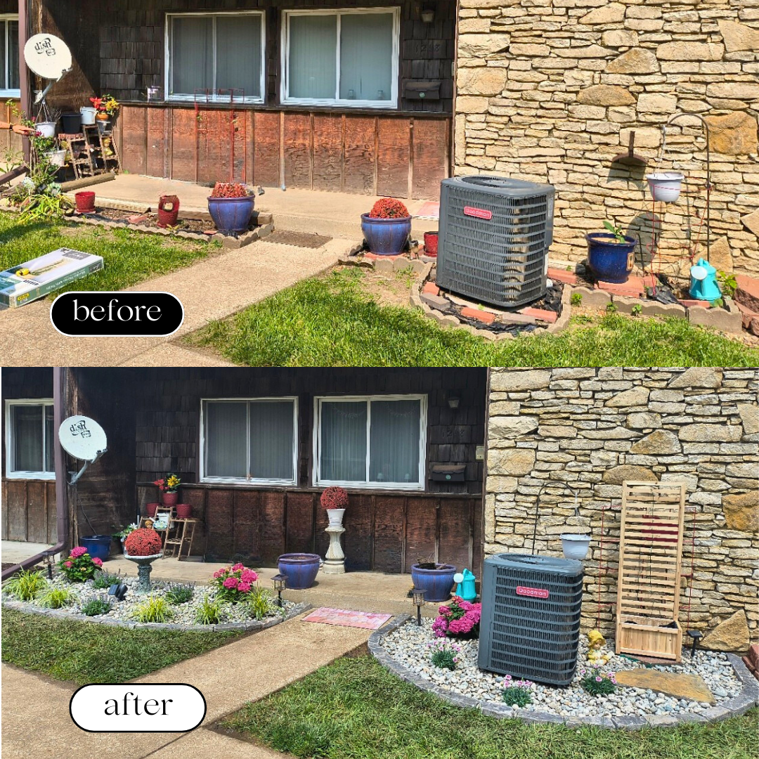 Before and after images of a backyard landscaping project. The before shows a plain yard with potted plants, an air conditioning unit, and some gardening supplies. The after shows the same area transformed with a flower bed, decorative plants, a ston
