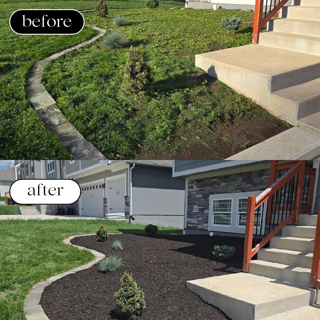 A before and after comparison of a landscaped yard. The 'before' shows a patchy grass area with weeds and a small tree, bordered by a stone edging, next to a concrete staircase. The 'after' shows a clean, neatly mulched yard with small shrubs and gra